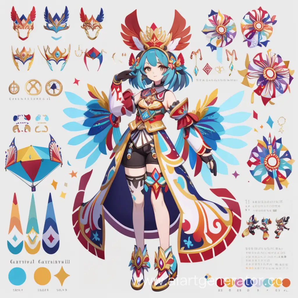 a colorful carnival themed 
complex design girl
reference sheet style 
many details 
fullbody
genshin impact
