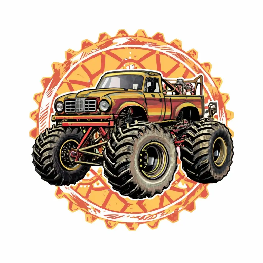 LOGO-Design-For-Vintage-Steampunk-Monster-Truck-TShirt-Art-Detailed-Vector-Contour-in-Bright-Neon-Colors