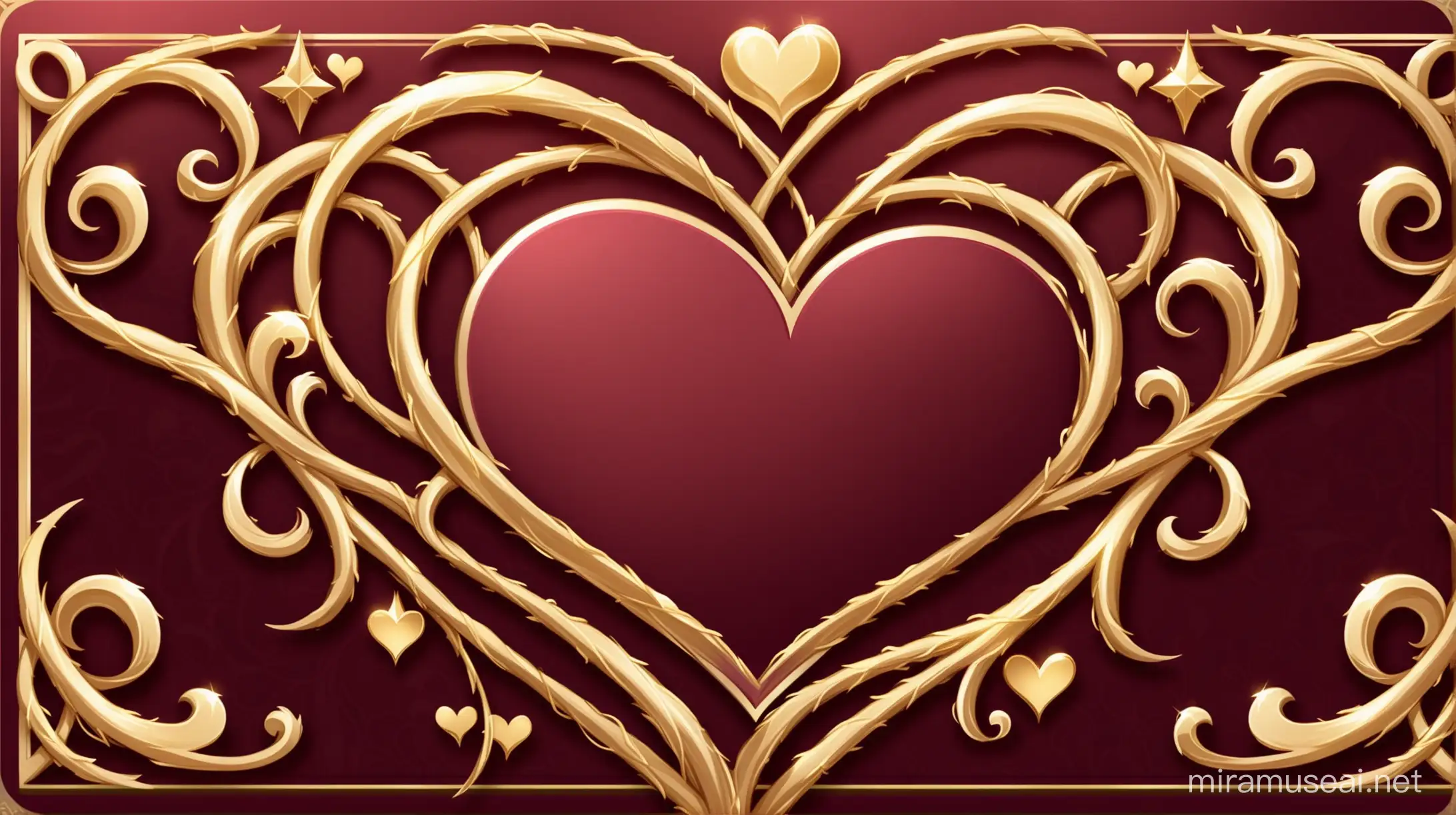 Make a background that is the color burgundy, with a design of intricate golden hearts. It is a namecard like in genshin impact. The heart is a military symbol.  THE WORD ISNT BURGUNDY. The sides have golden hearts and golden vines