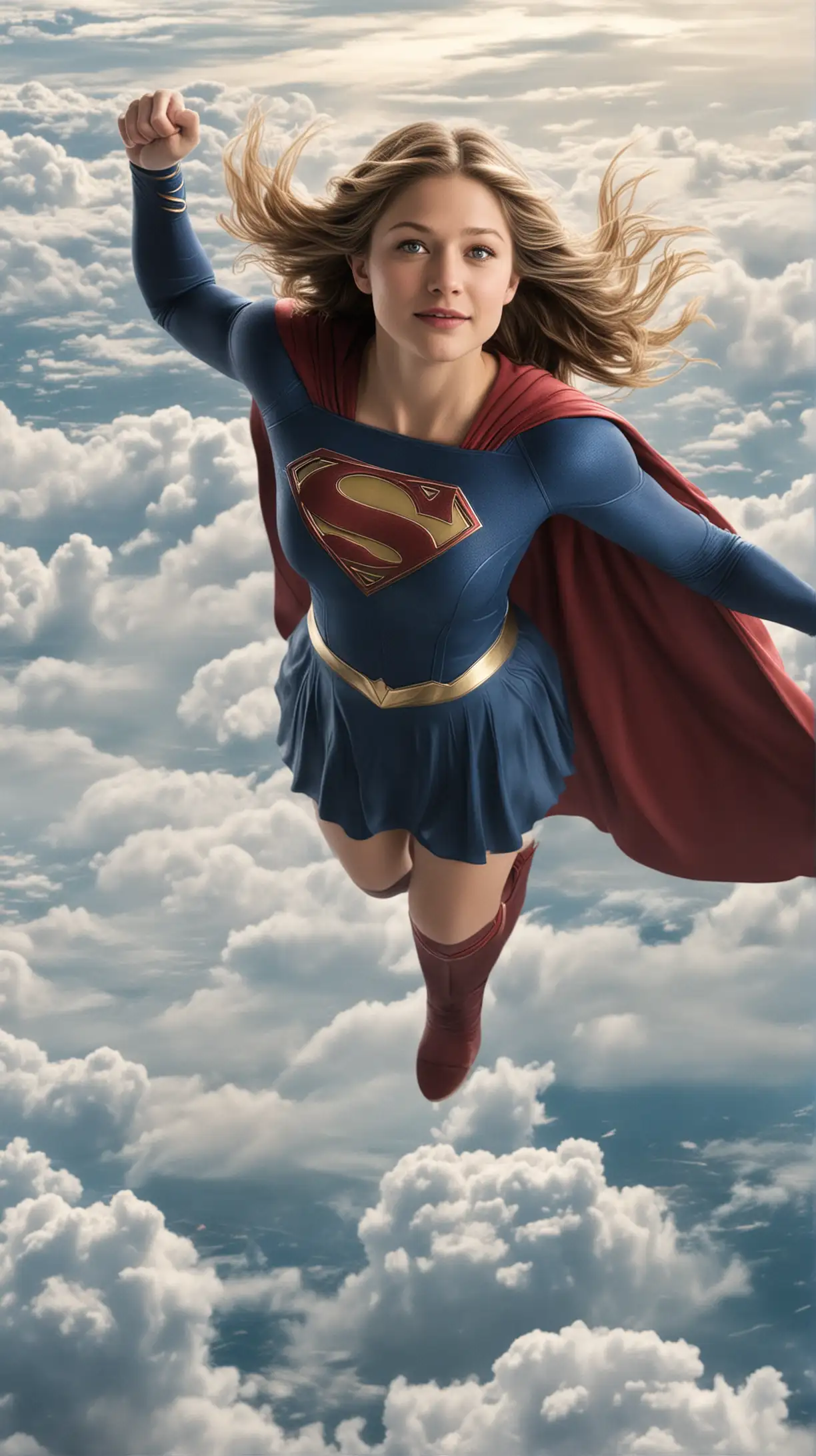 20-year-old Melissa Benoist with long hair floating above the clouds as Supergirl.