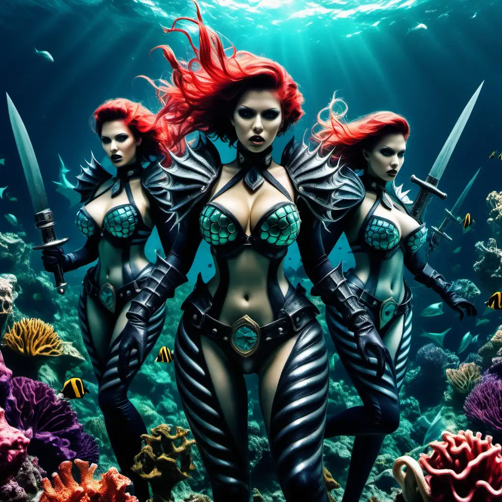 army of sirens under the sea ready to fight, it wears gloves a daggers in epic style, colorful realism, hyper quality photo, ultra detailed photography