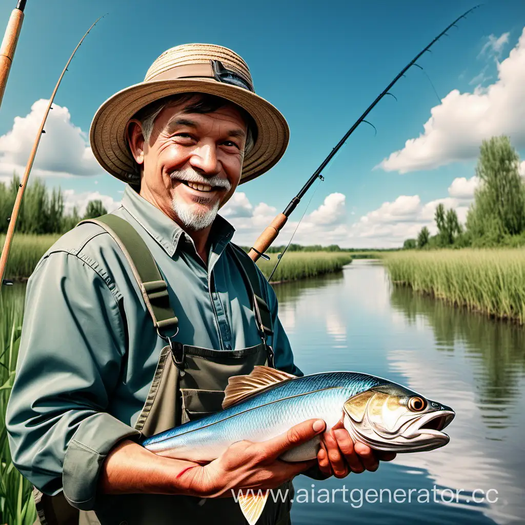 Smiling-Fisherman-with-Fishing-Rod-by-the-Scenic-Riverbank