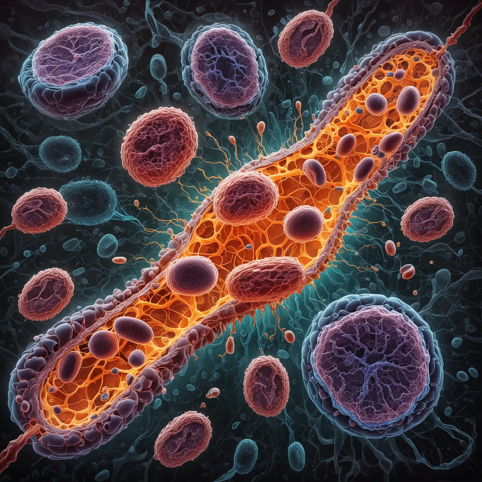 An abstract depiction of mitochondria and cells, with the mitochondria appearing damaged or broken. Include an indication of dysfunction, such as an irregular cellular structure or lack of energy production. Use a color scheme that conveys illness or distress.