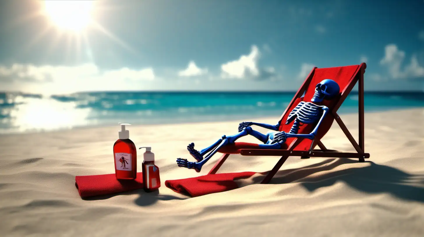 2 skeletons taking a sun bath on a caribean beach, suncream of oil, shadows in the sand. blue and red towels, blue ocean, sun beds, lifeguard sign, realistic scenery, higly detailed, studio light, 4K quality, cinematic