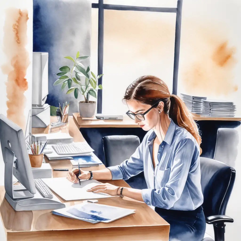 Professional Woman Working in Office Watercolor Illustration