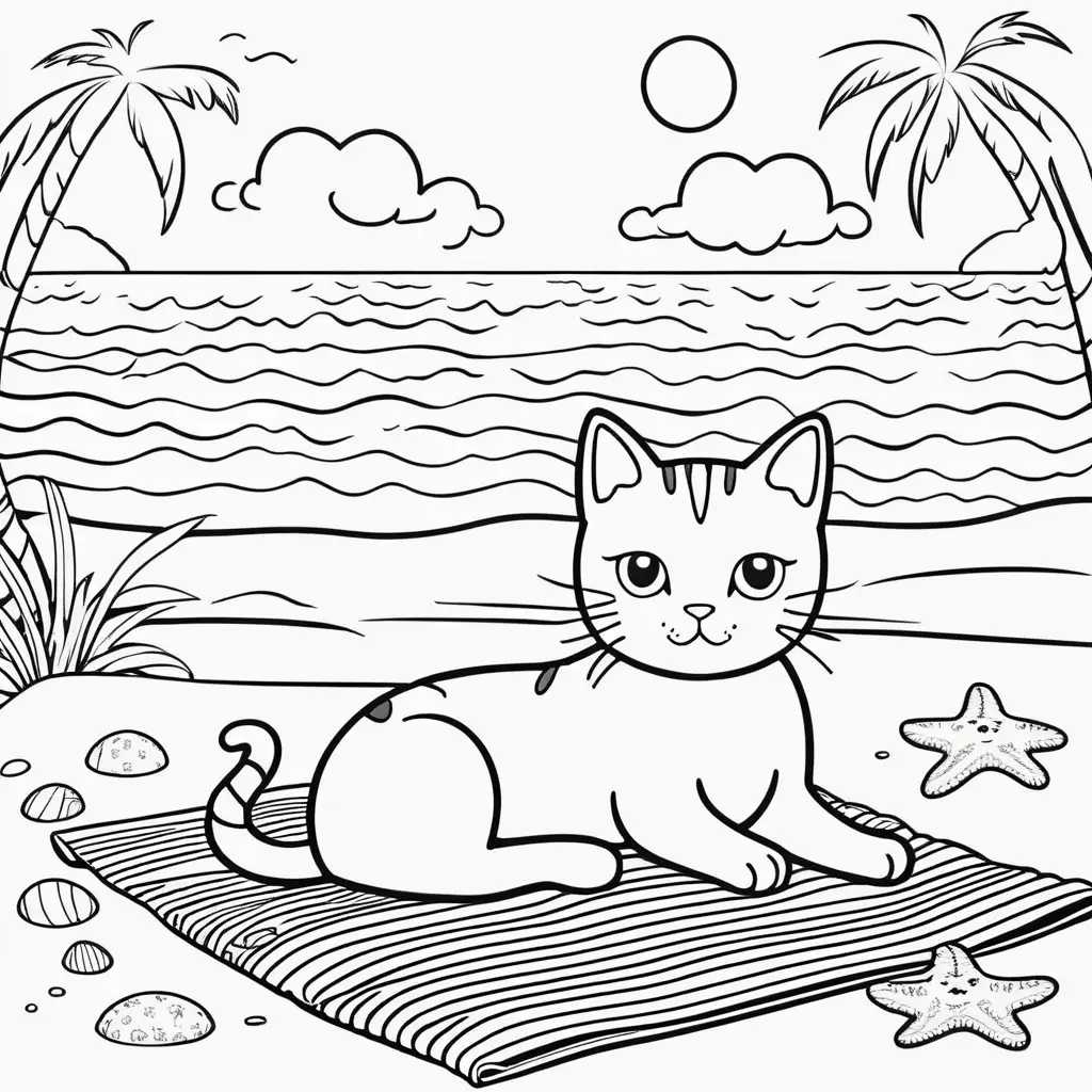 create a very simple coloring page with very cute and A kitty relaxing on a beach towel