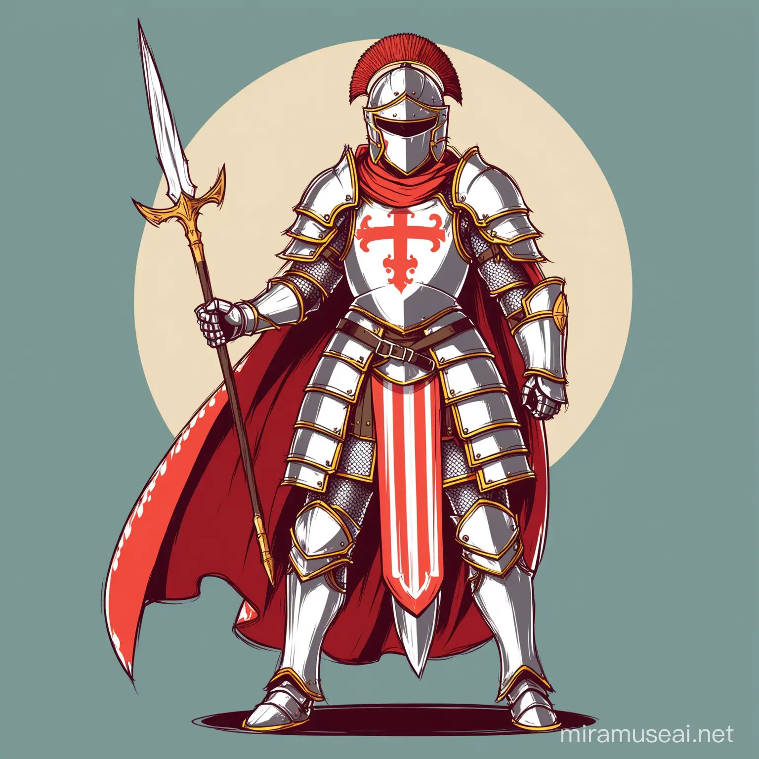 MALE WARRIOR CHARACTER, ARMOR OF SAINT GEORGE, WITH SPEAR, HELMET. VECTOR