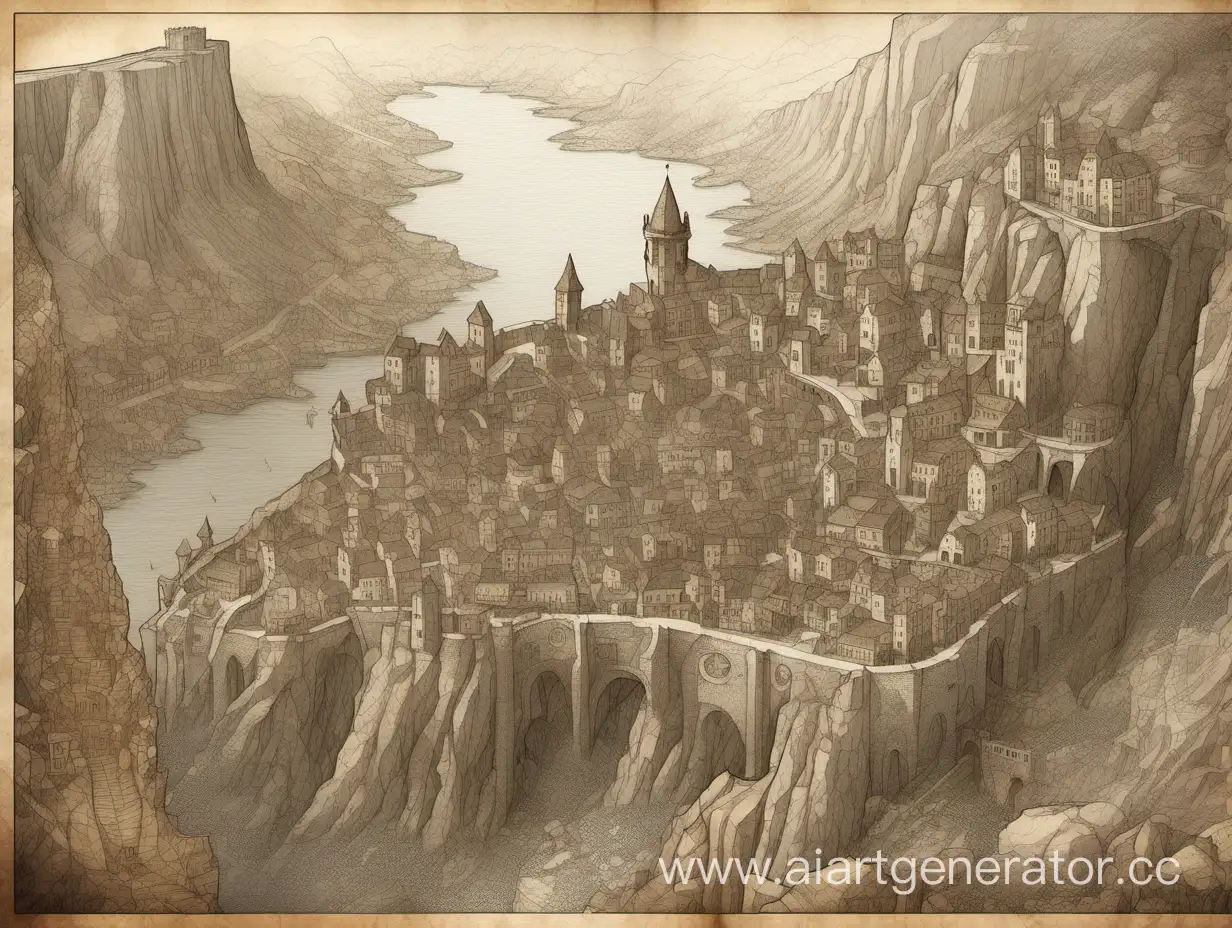 карта средневекового города, примыкание к скале, фэнтези