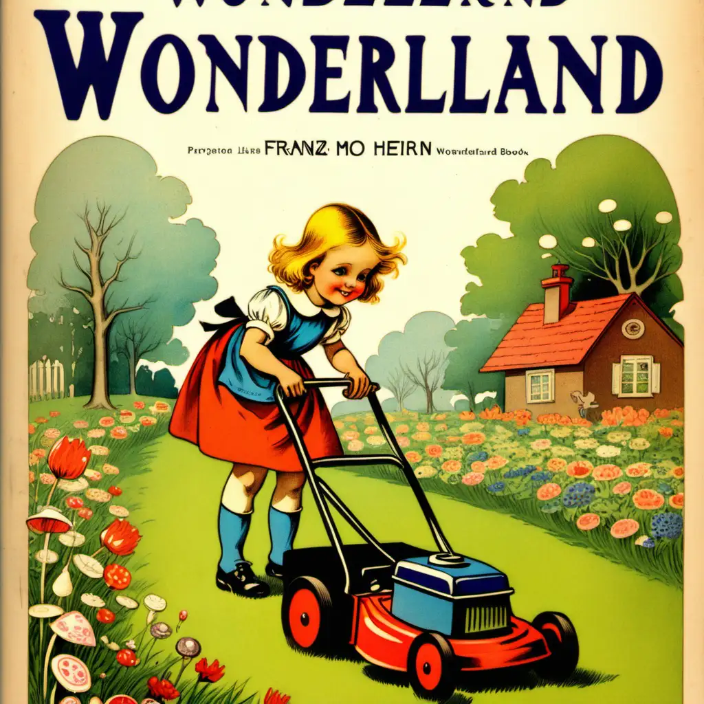 Vintage Childrens Book Cover Wonderland Scene with Lawn Mowing