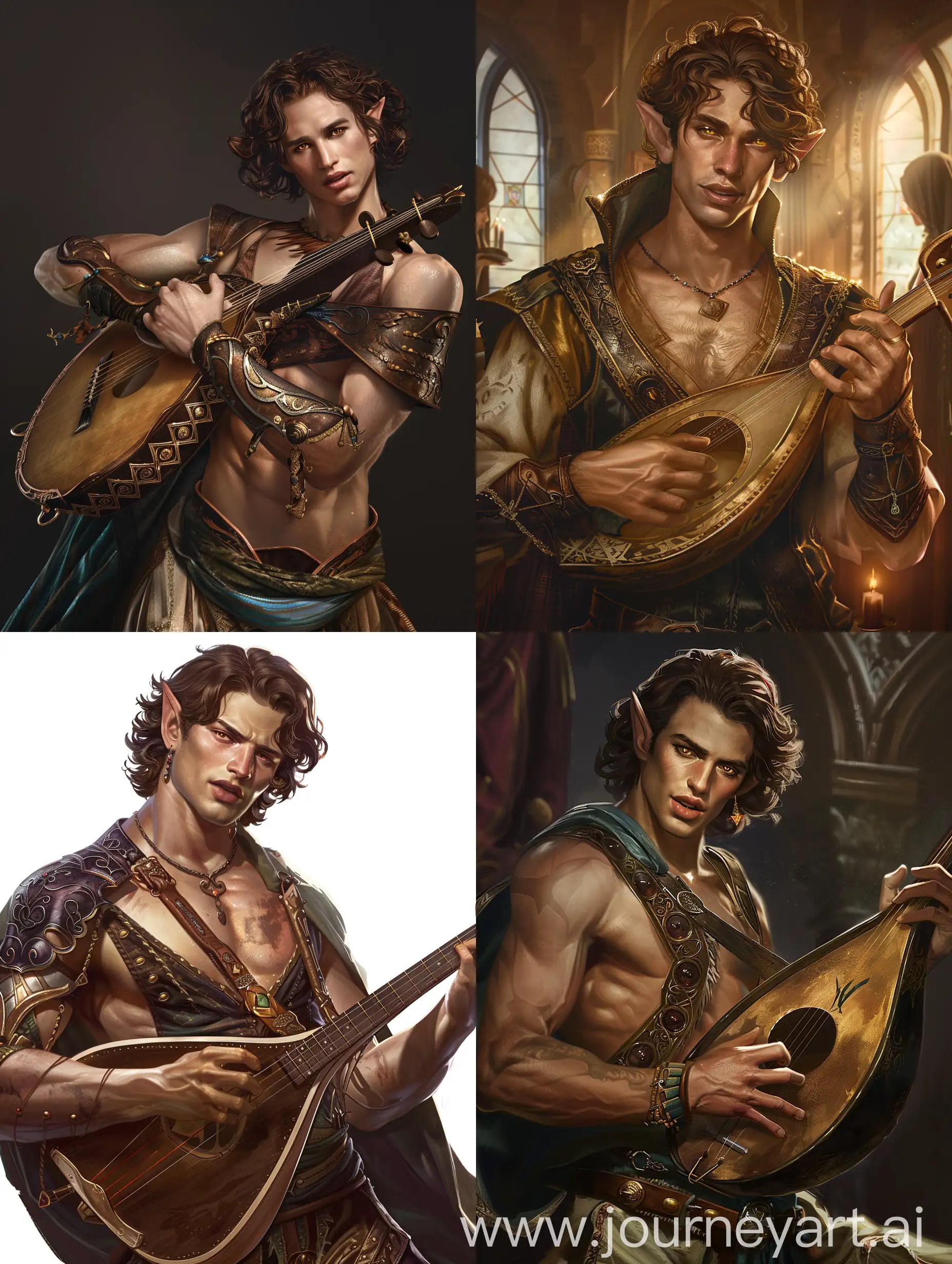 A male half-elf bard in an open outfit, with brown hair, amber eyes, plump lips, a curvy body and a mysterious look at the camera plays the lute in the style of the game Pathfinder: Wrath of the Righteous