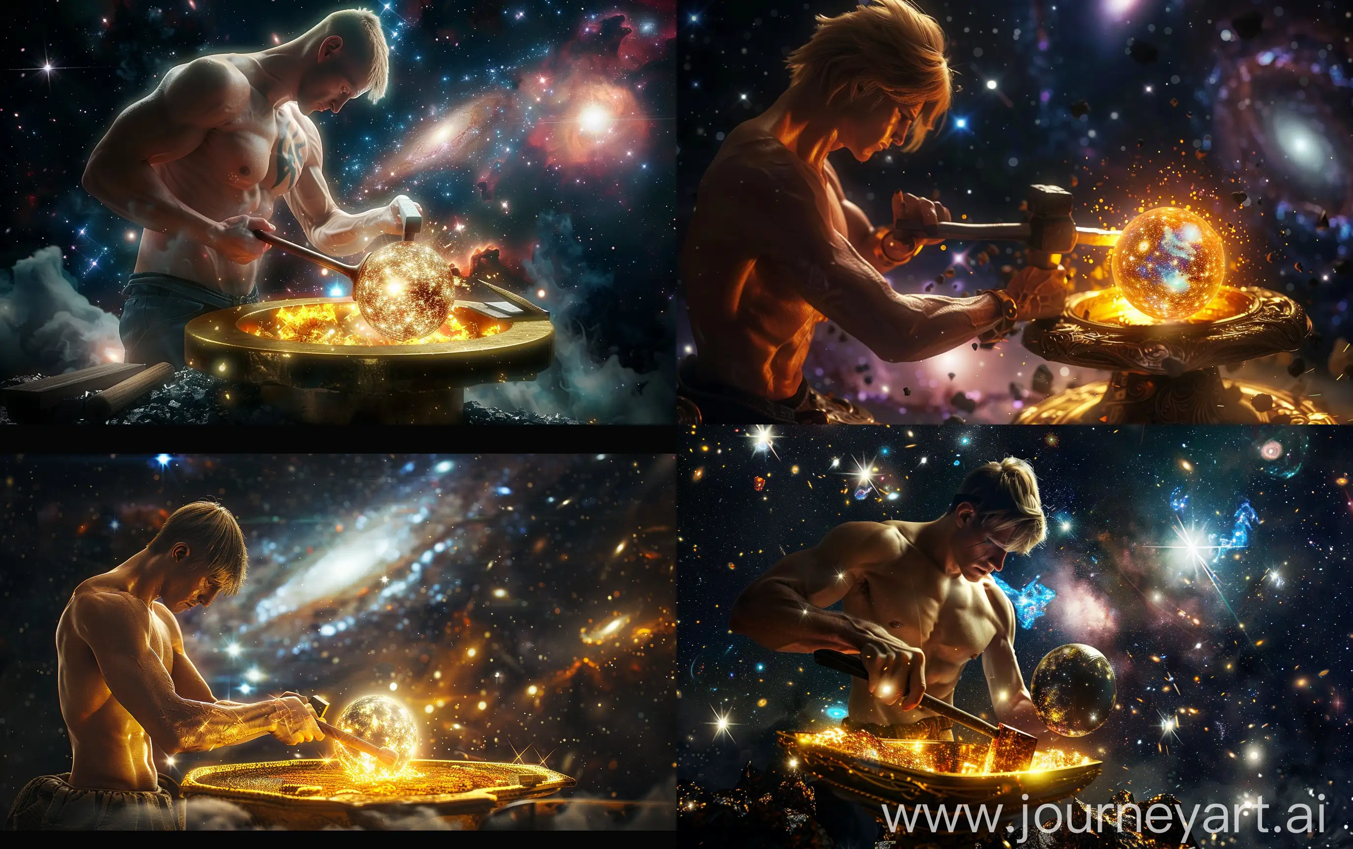 a fair-hair blacksmith with uncovered torso hits a golden glowing forge with shining galaxy sphere with his hammer, deep space on background with bright galaxies and a nebula, realistic, hi resolution, cinematic --ar 16:10