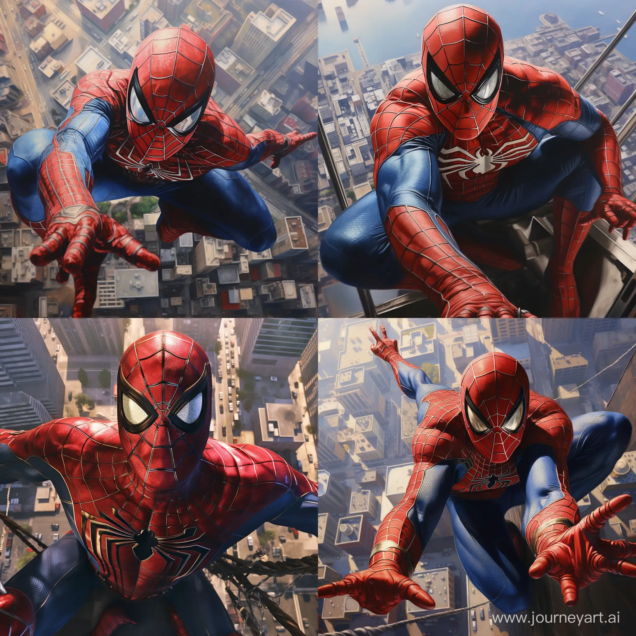 Spiderman im freien Fall von einem Wolkenkratzer Ansicht von oben auf ihn herab in Realismus 