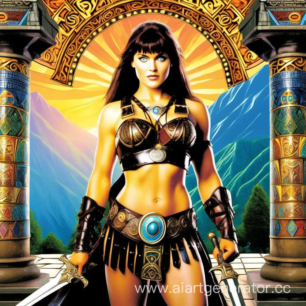 Strong athletic beautiful-faced Xena Warrior Princess with blue eyes, curvaceous hips, abs, and voluptuous butt, wearing a garter belt and thigh-high boots, free hands, near a colorful pagan temple with statues and mosaics, tall mountains in the horizon