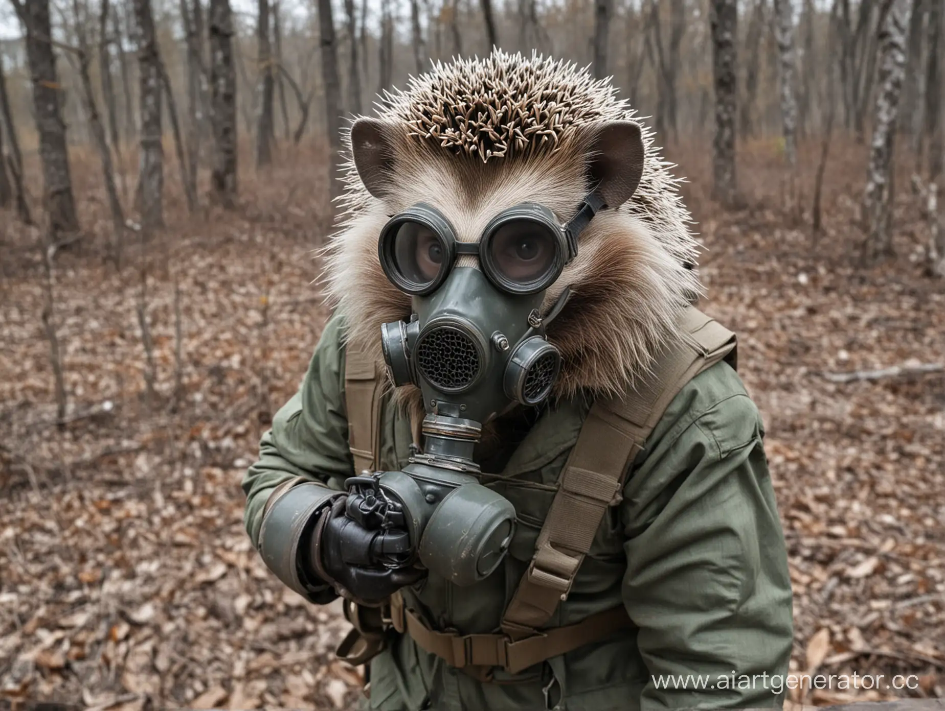 Hedgehog-Wearing-Gas-Mask-in-Abandoned-Pripyat-Setting