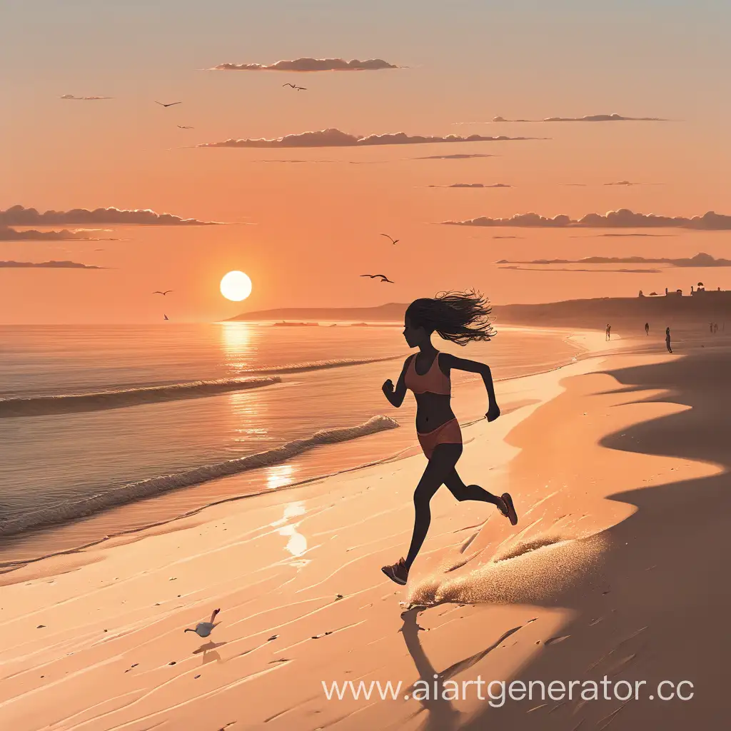 Девушка бежит по пляжу на закате