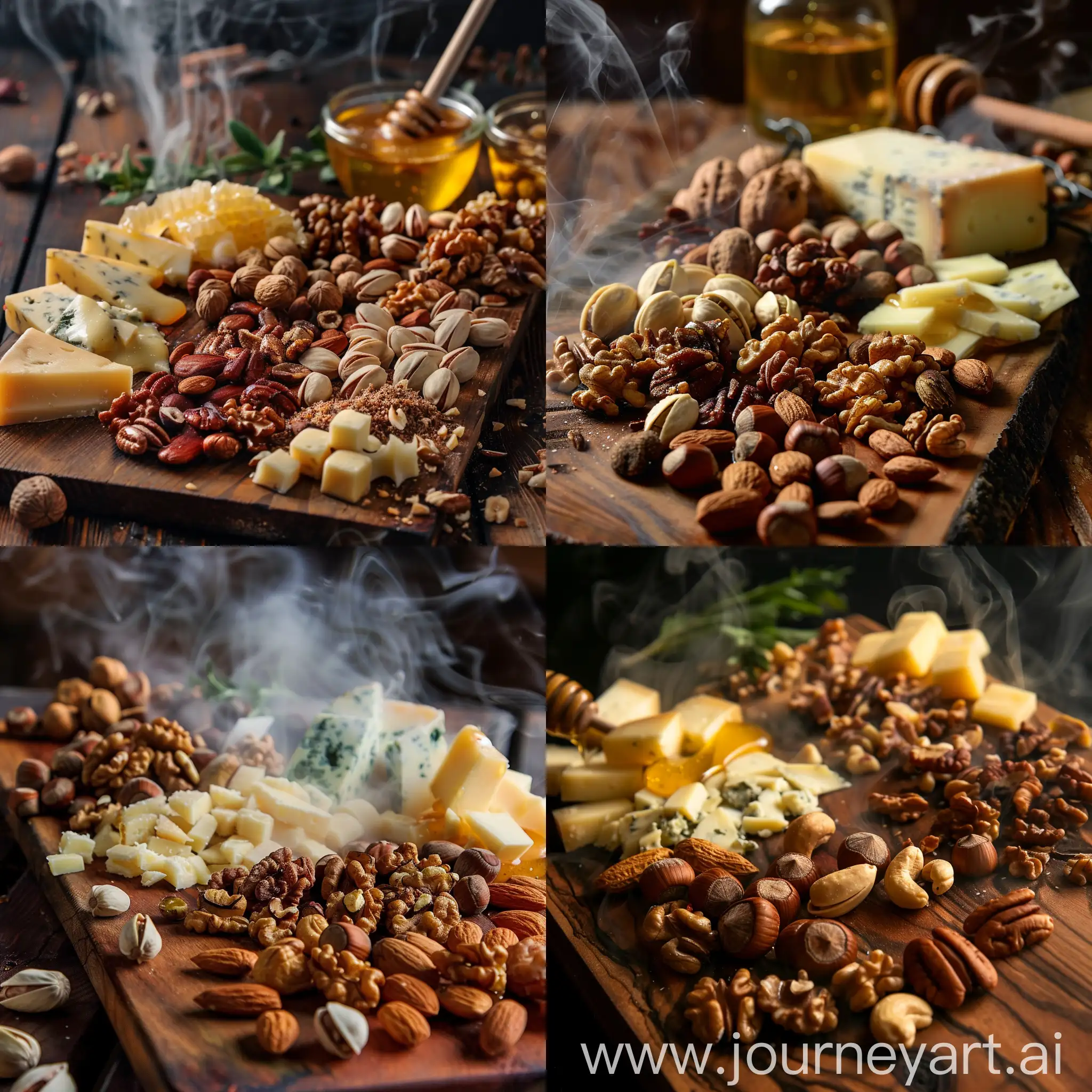 Разнообразие орехов на доске в дыму мёдом и сыром 