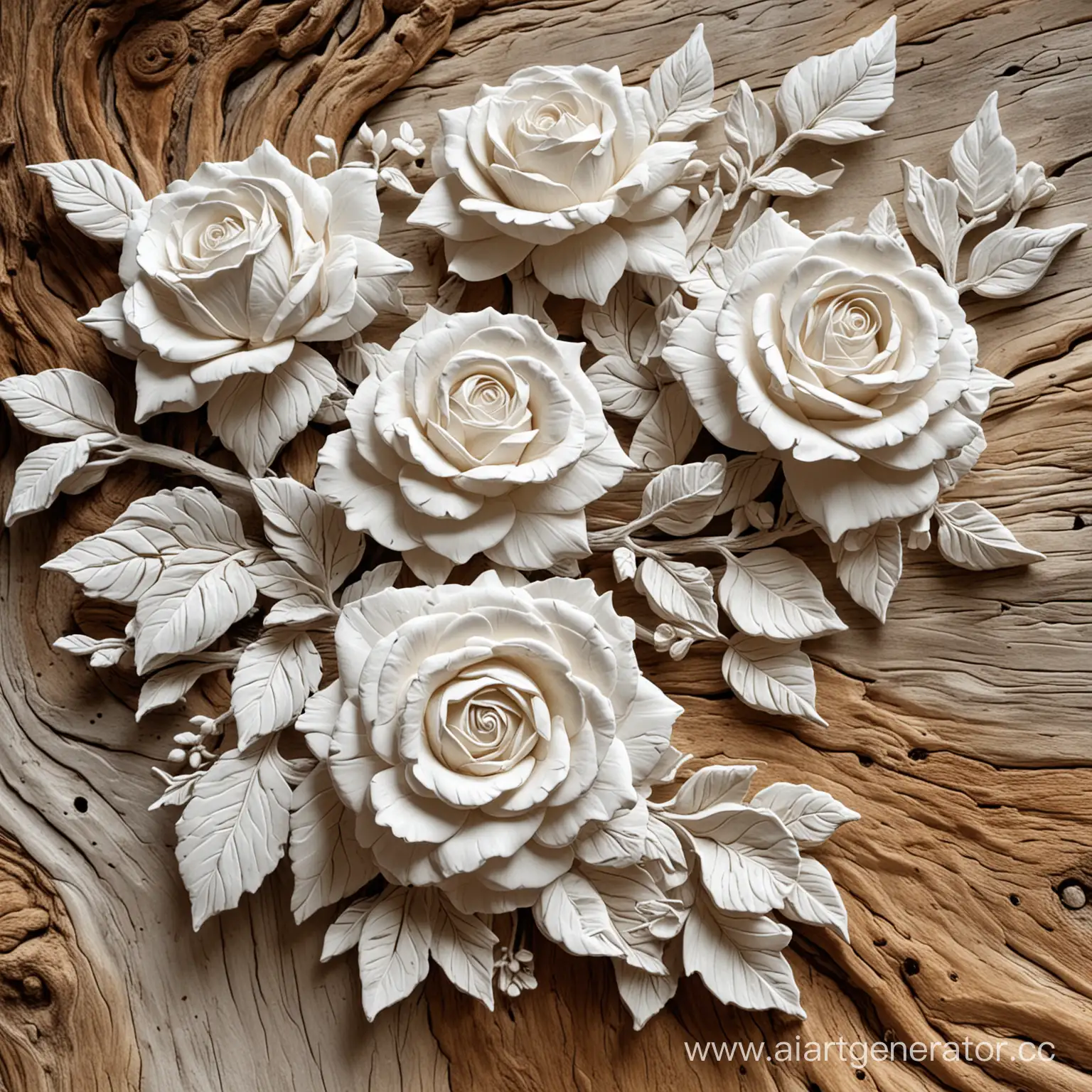 White-BasRelief-Sculpture-of-Roses-on-Old-Tree-Branch