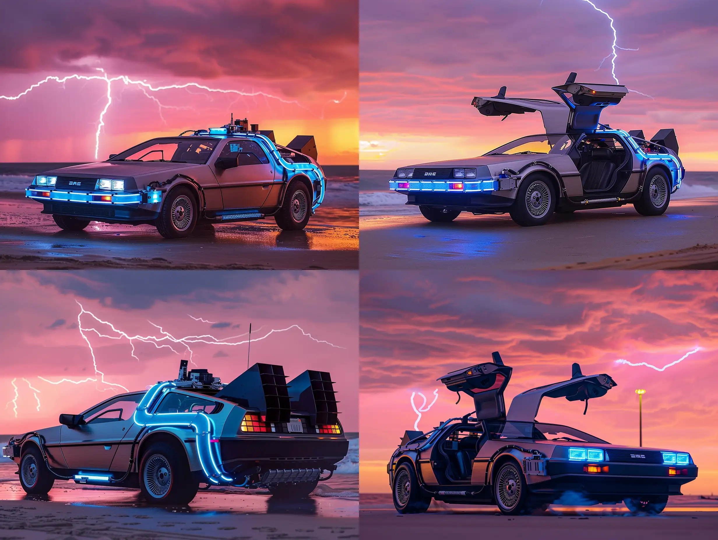 Back to the future delorean on Beach at sunset. scifi, blue lightning in sky, lightning in background pink sky, smoky,  artistic, bright, 