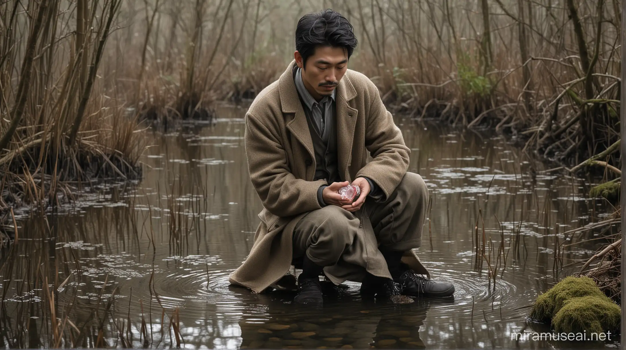 in the style of a French graphic novel, a Japanese man in a woollen coat, stands knee deep in a swamp, holding a transparent glass anatomically correct heart in his hand