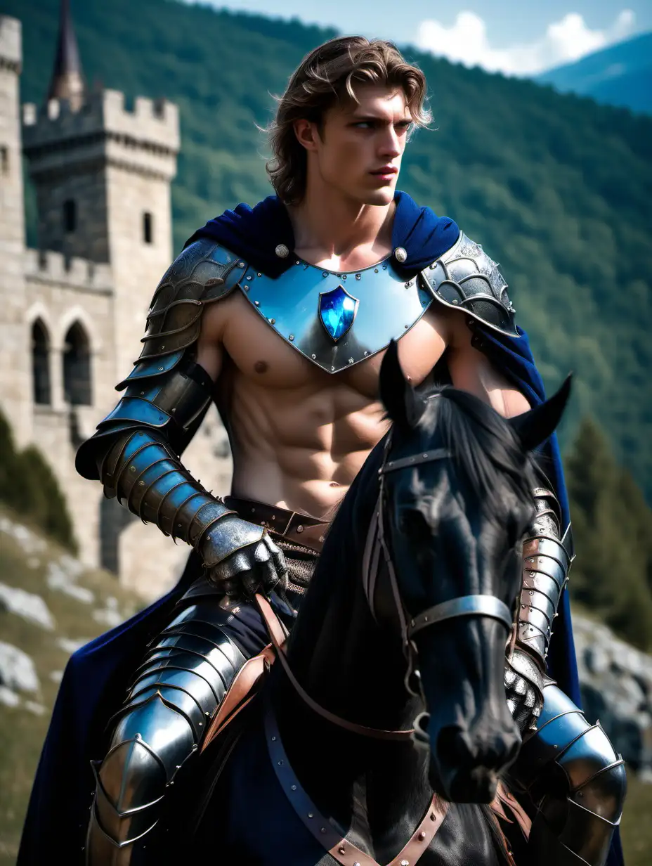 Handsome long wavy hair blue eyes male knight tall muscular 18years old  short hair necklace with blue crystal stubbles hairy shirtless show chest show abs show legs gauntlets leg armor cape very sweaty oiled up trident shells riding a black horse daylight sun powered medieval castle in the mountains background cinematic