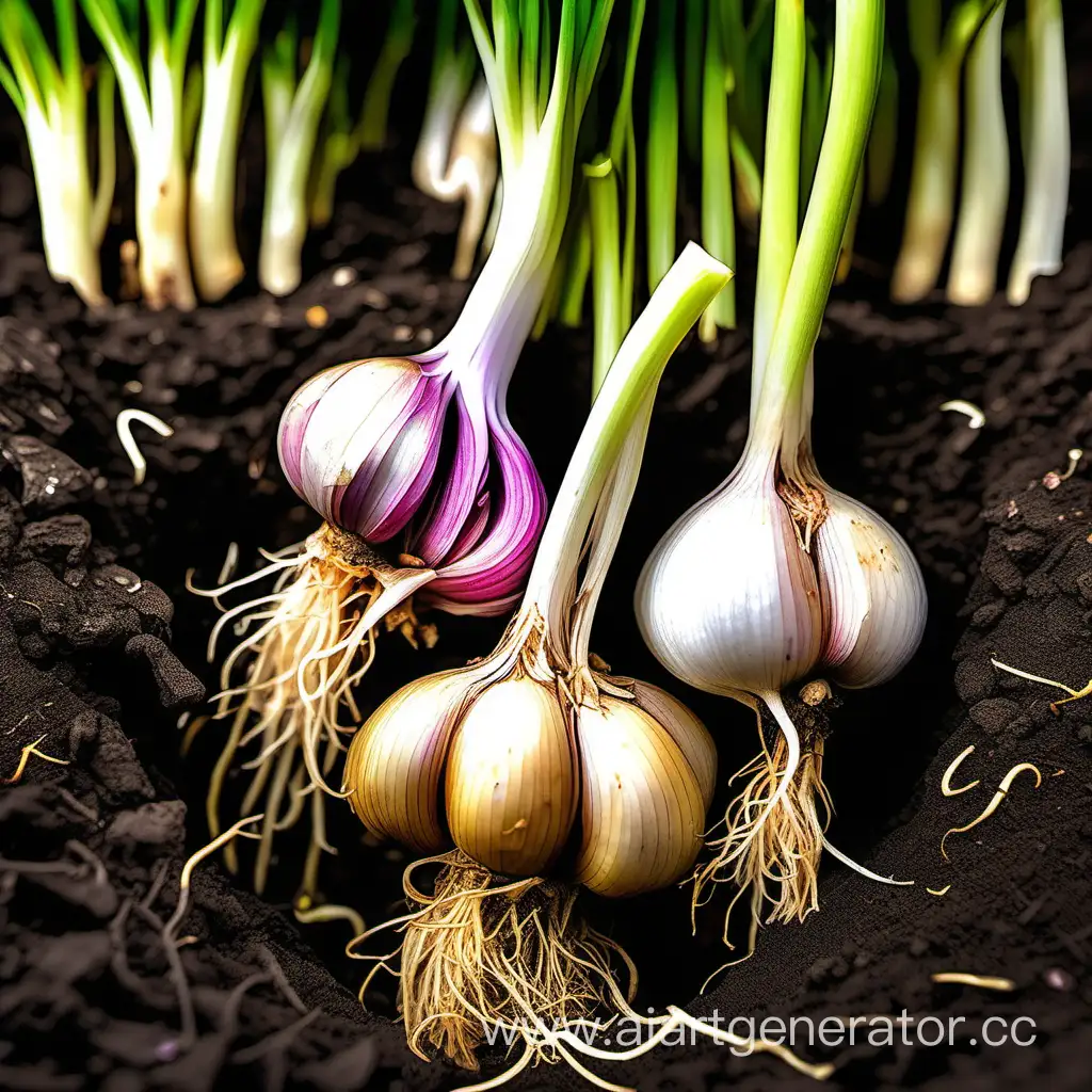Vibrant-Garlic-Sprouting-Lush-Green-Garlic-Bulbs-Thriving-in-Soil