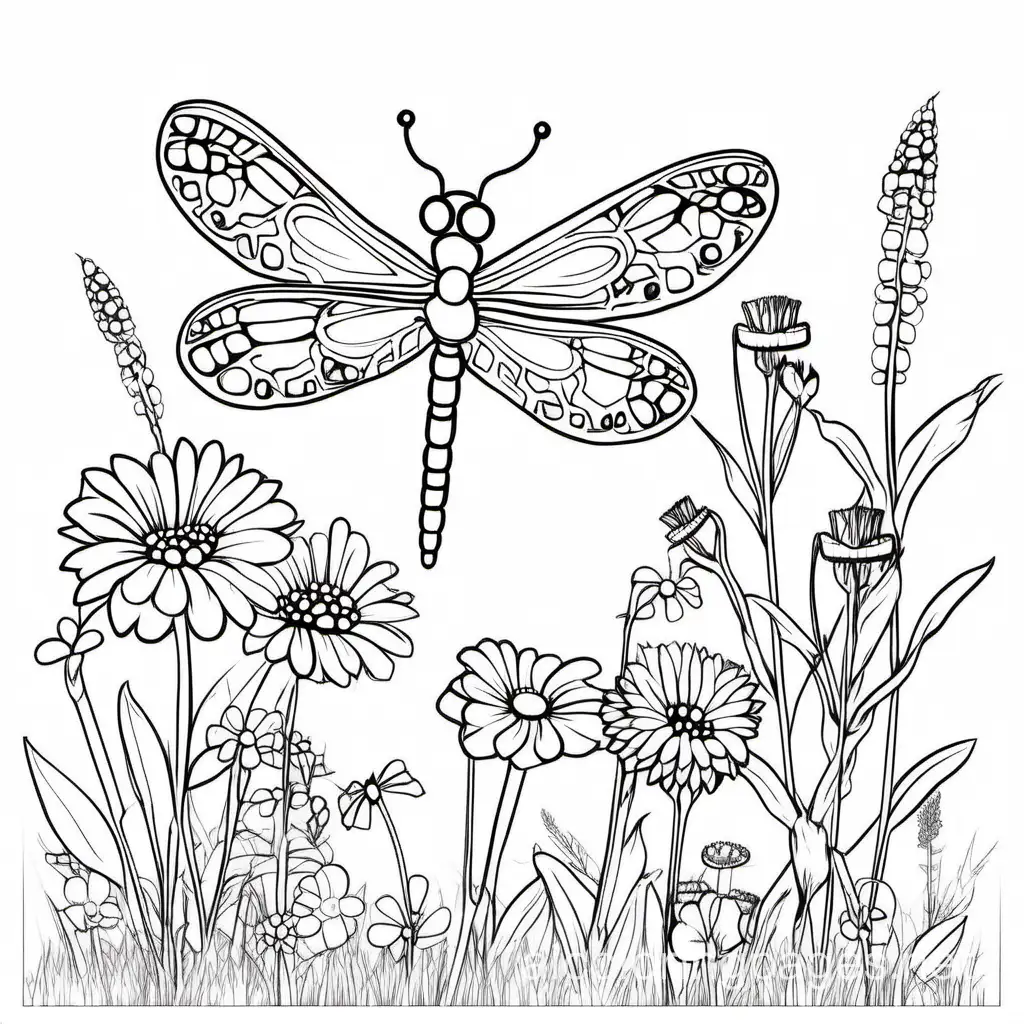 wildflower, butterfly, dragonfly, black and white line art, white background, Coloring Page, black and white, line art, white background, Simplicity, Ample White Space. The background of the coloring page is plain white to make it easy for young children to color within the lines. The outlines of all the subjects are easy to distinguish, making it simple for kids to color without too much difficulty