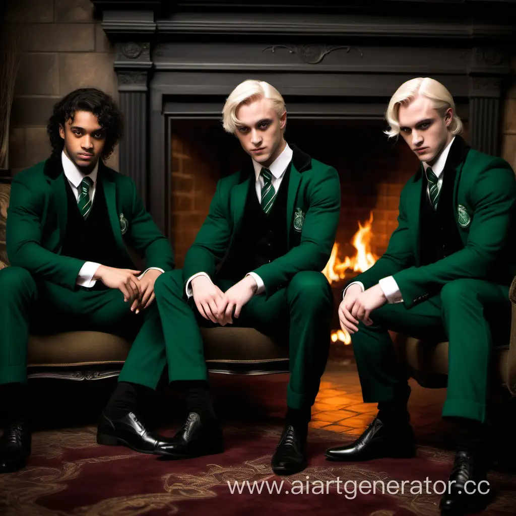 three beautiful hot gorgeous guys are sitting in the Slytherin living room near the fireplace full-length, Draco Malfoy, Theodore Knott, Blaze Zabini, two trousers, one curly dark-haired curly fair skin, the second dark-skinned guy