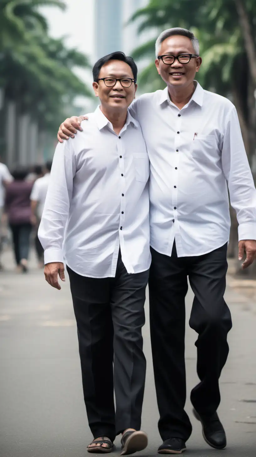 2 south east asian man in their 50s, wearing glasses, short hair, wearing white button up and black pants, embracing each other while walking, one is shorter than the other