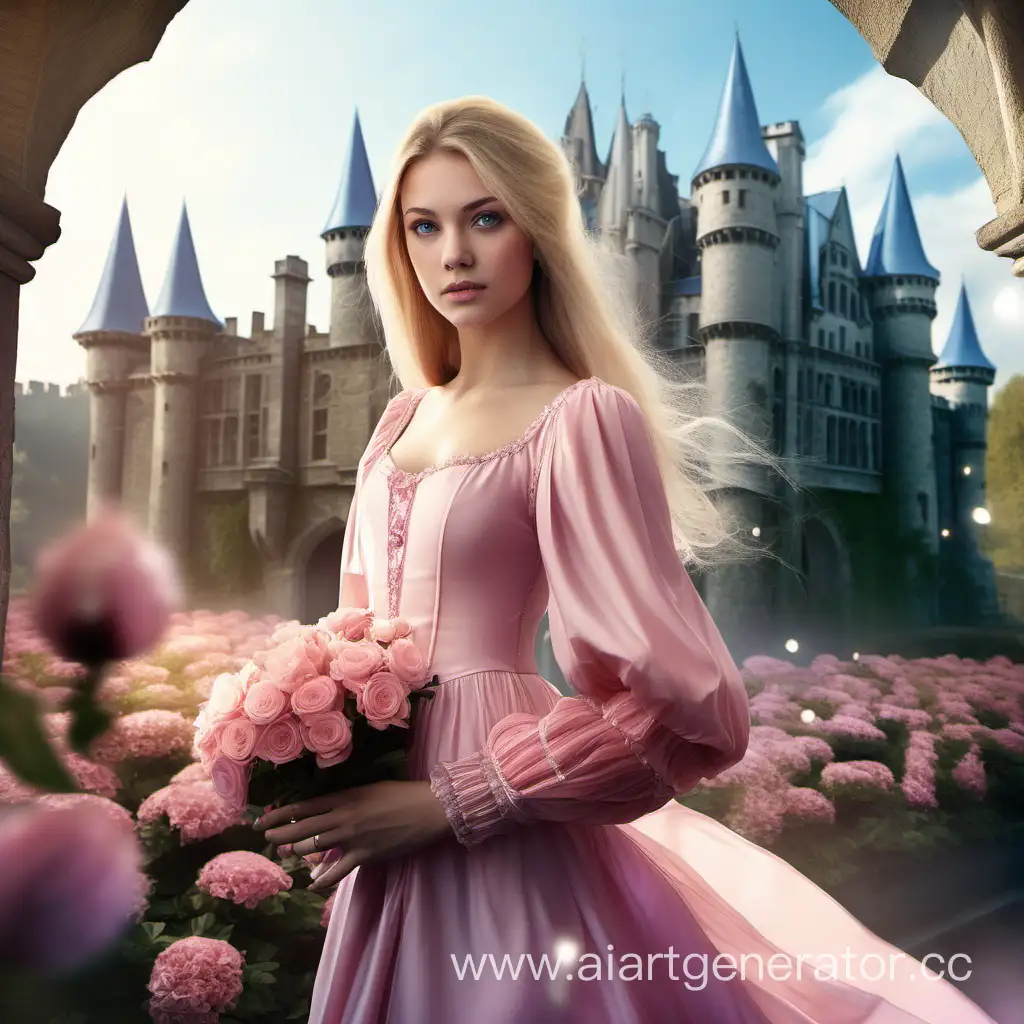 Fantasy-Blonde-Woman-in-Pink-Dress-Amid-Castle-Hall-and-Flowers