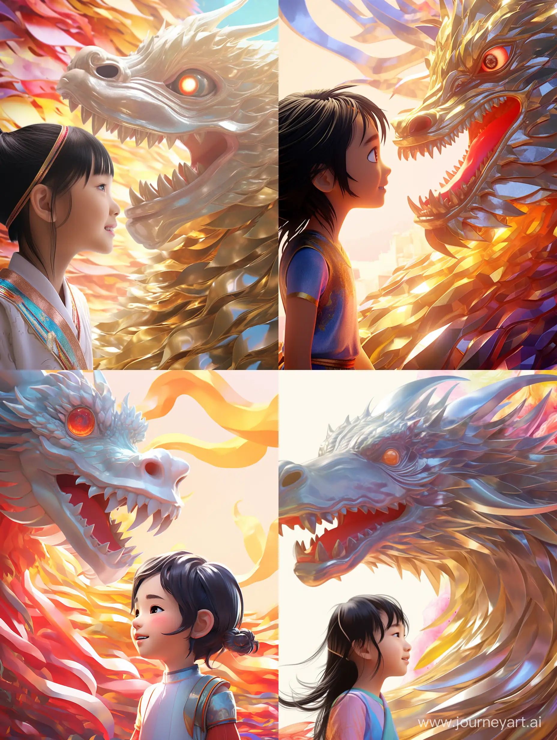 Close-up, a platinum dragon with gold foil scales on its body surrounded by a cute little Chinese girl, 4 years old, smiling sideways and wearing a rainbow-colored gorgeous Hanfu, the girl and the dragon look at each other and look up at the dragon's head, grand scene, minimalism, Chinese dragon, C4D rendering , Surrealism, Masterpiece Cinematic Lighting, Ultra HD, Fine Details, Color Grades