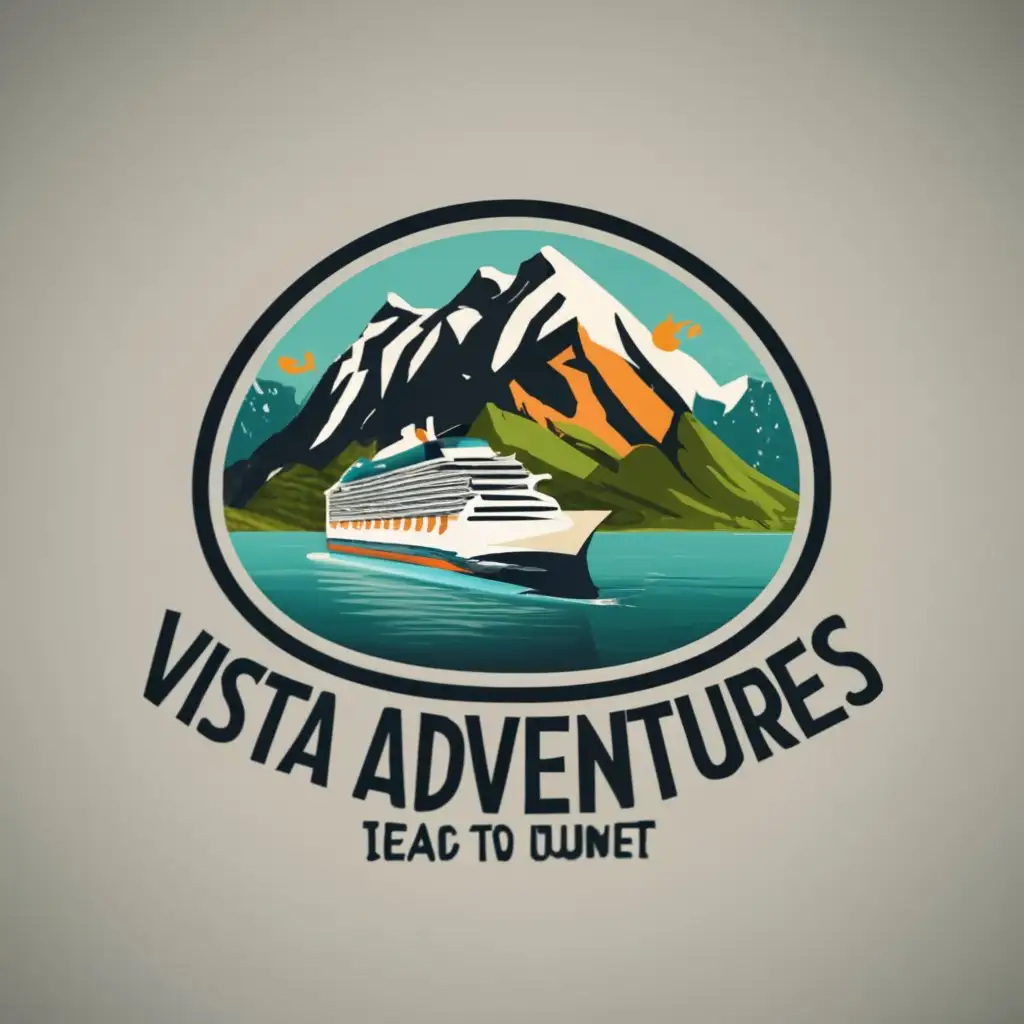 logo, Cruise ship and mountains, with the text "Vista Adventures" Tagline "Seas to Summit", typography, be used in Travel industry