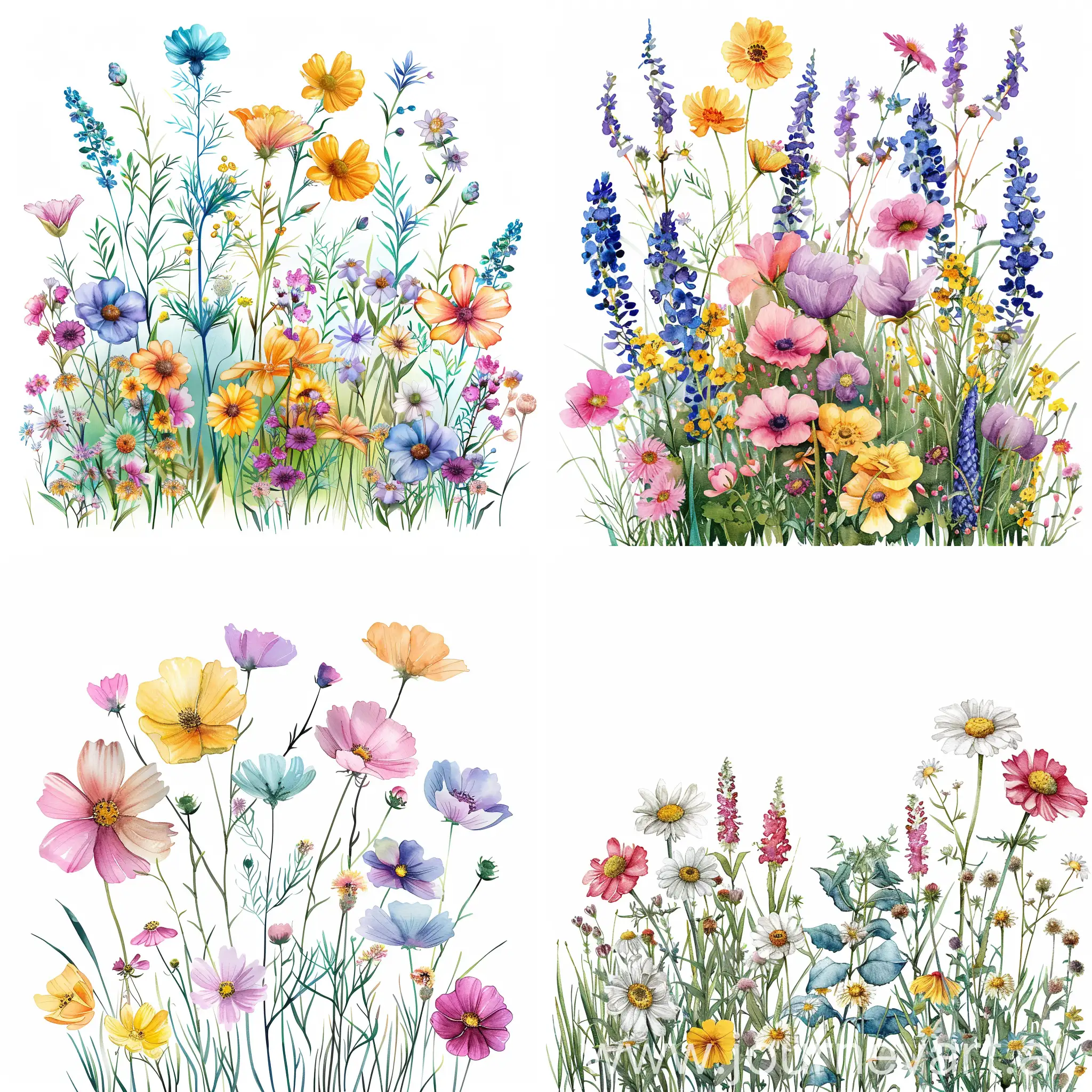 Meadow Style flowers with a watercolor style, on a white background, high quality details