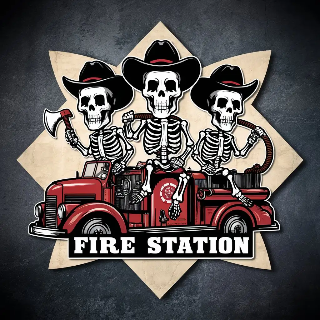 a logo for a fire station. comprised of 3 skeletons wearing cowboy hats, holding a fire axe, lasso, and fire hose, riding atop a fire engine, and all placed on a maltese cross background