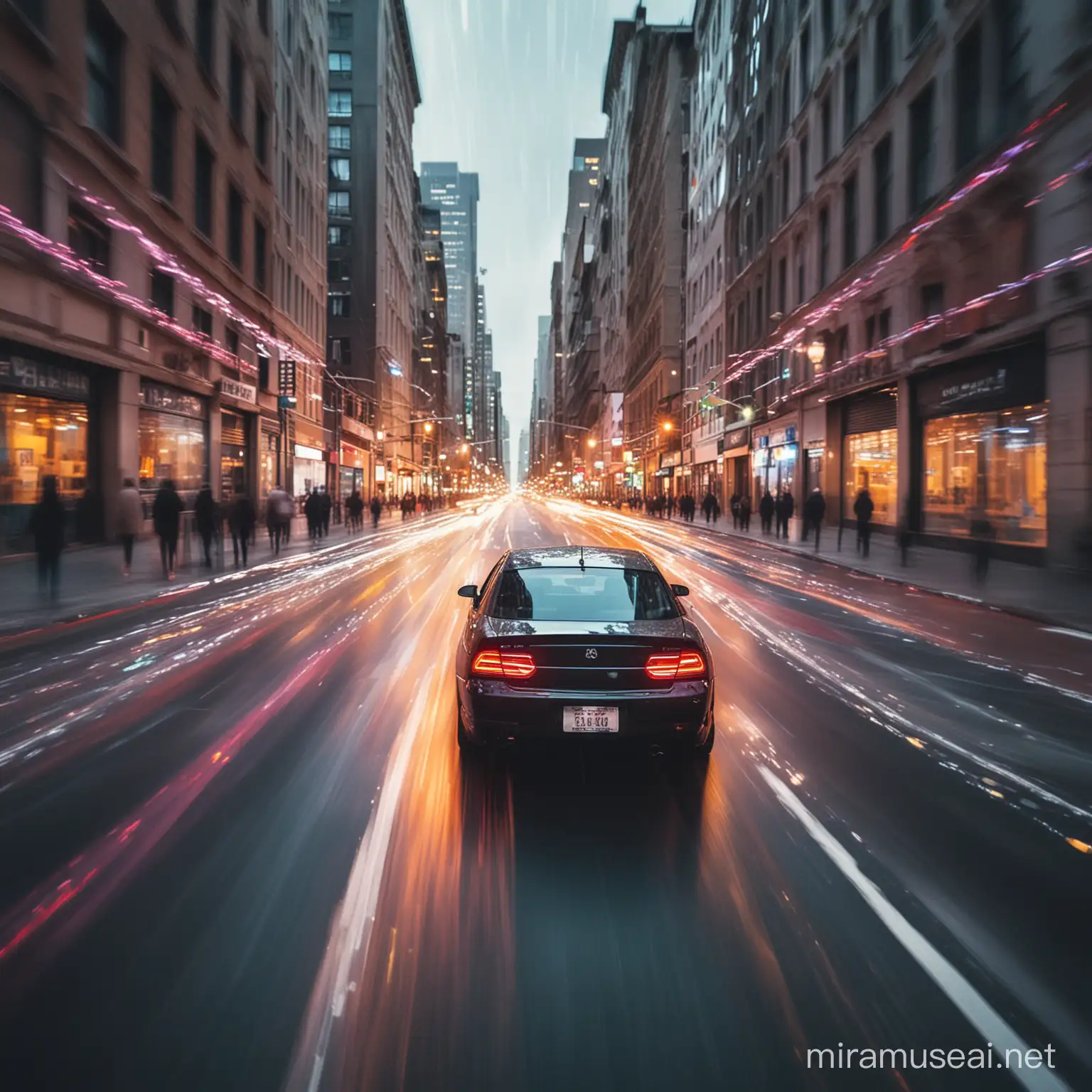 Fear of speed,The image shows a car driving through a city with elements of light, colorfulness, abstractness, blur, and art.