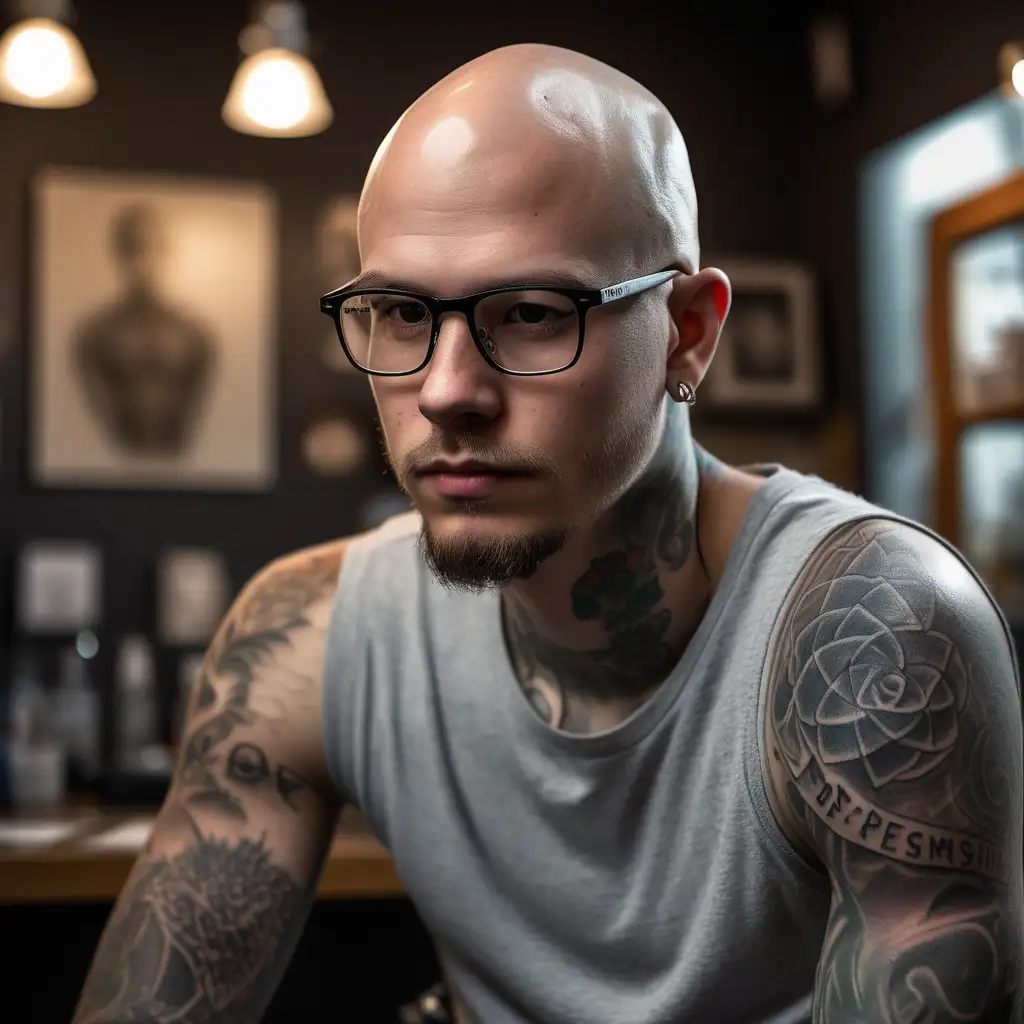 /imagine prompt : An ultra-realistic photograph captured with a canon 5d mark III camera, equipped with an 85mm lens at F 1.8 aperture setting, portraying a tattoo artist balled boy ,glasses on eyes ,drawing a tattoo flash on desktop focusing on his work
<location>tattoo shop
The background is beautifully blurred, highlighting the subject.
Soft spot light gracefully illuminates the subject’s face and hair, casting a dreamlike glow. The image, shot in high resolution and a 16:9 aspect ratio, captures the subject’s personality with stunning realism –ar 16:9 –v 5.2 –style raw