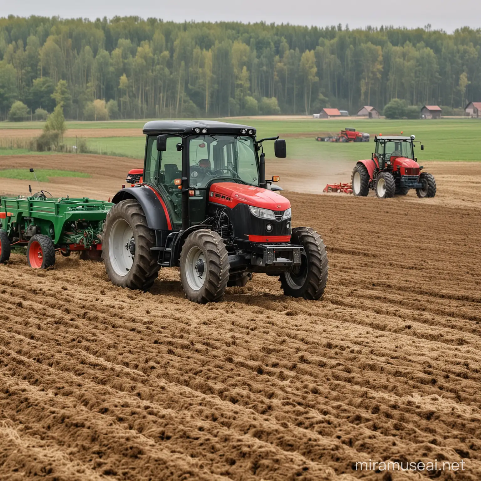 image of  tractors working on a farmland and a farmer standing aside smiling  hd
