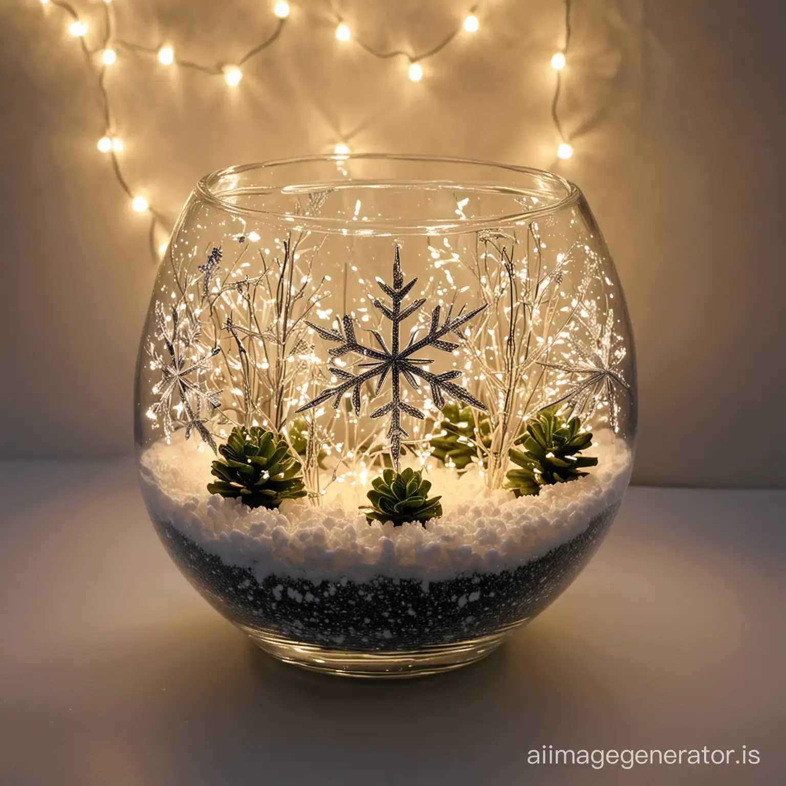 a glass round vase about 1/4 full with faux snow and an origami snowflake inside the bowl, glowing with fairy lights