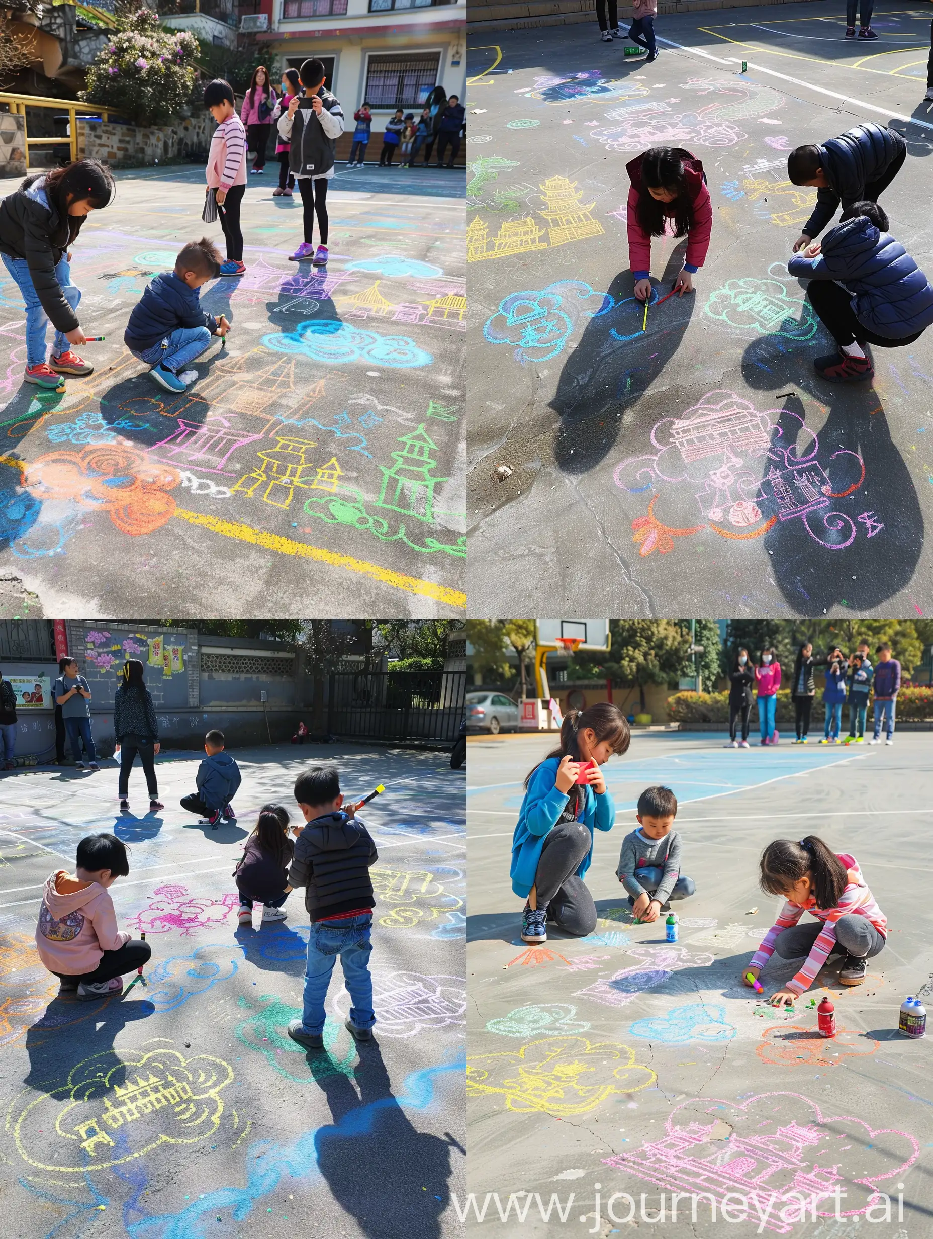 Chinese style picture, a sunny spring morning, three Chinese children use colored chalk to draw auspicious clouds, Chinese dragons, palaces on the concrete floor of the basketball court, parents take photos of the children and their works!