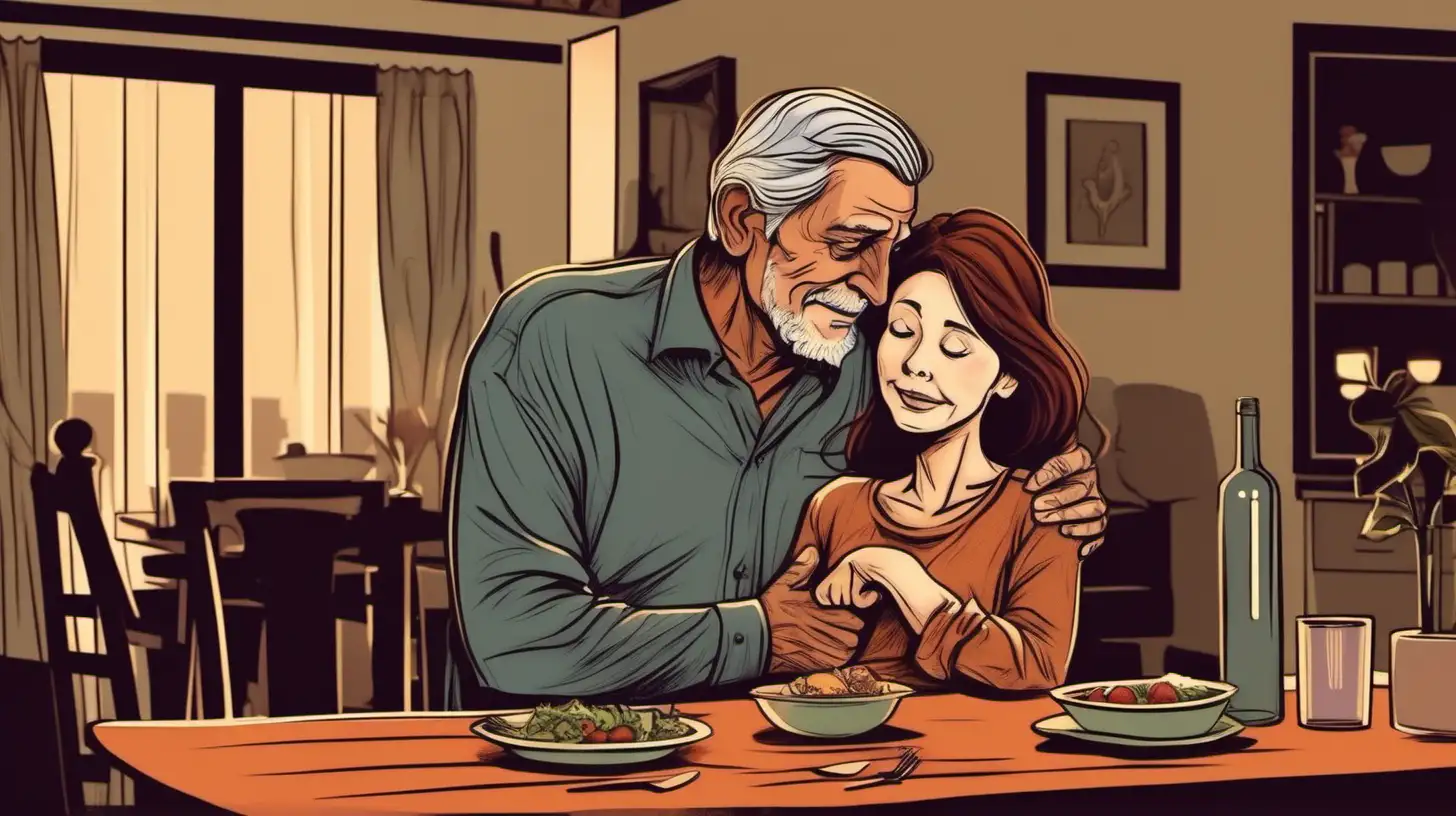 illustrate a 55 years old, both with brown hair, grandfather stands up and hugs his wife sitting at the table,  nighther,   dinner table,  at home