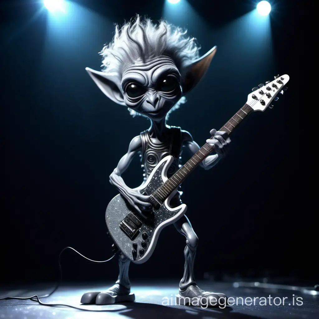 来自外星文明的小灰子正在舞台上弹奏电吉它，背景喑黑，灯光绚丽