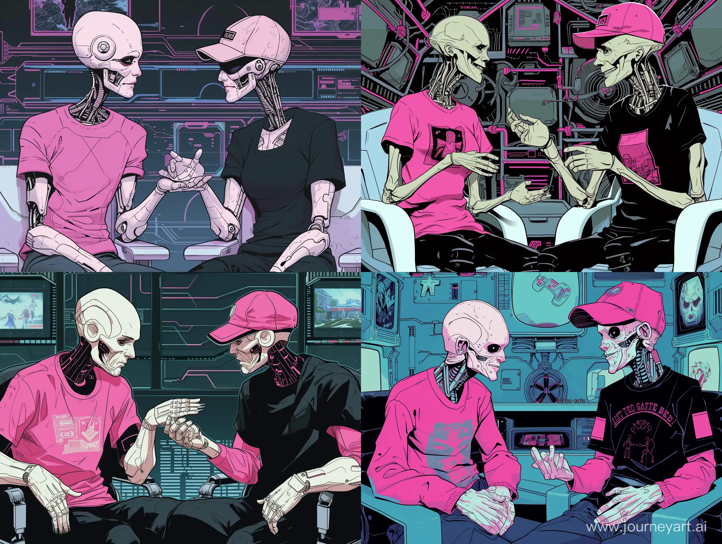 two 40 year old skinny bald robots sitting and discussing retro games, pink shirt, black shirt, hi-tech background, one robot has a baseball cap on his head, comic style image, 16:9 image aspect ratio 