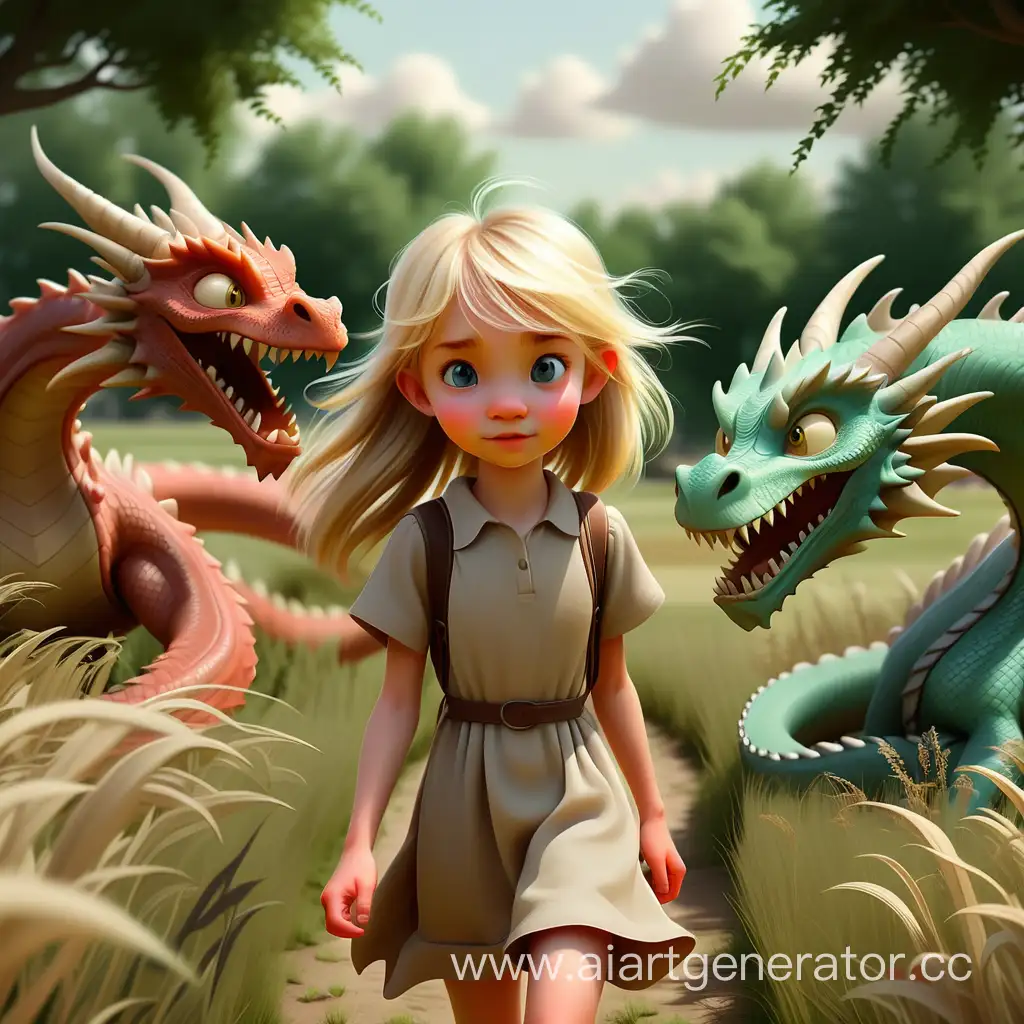 Белокурая Девочка идущая по тропинке выходит из чащи на большое поле где резвятся драконы 