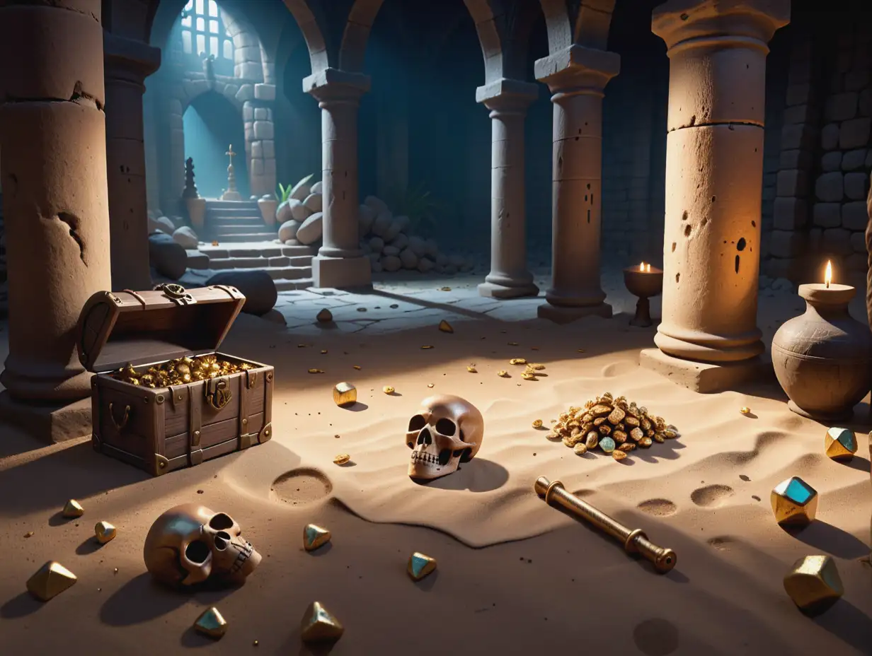 high resolution image of an uncharted dungeon, bones and treasure on the ground