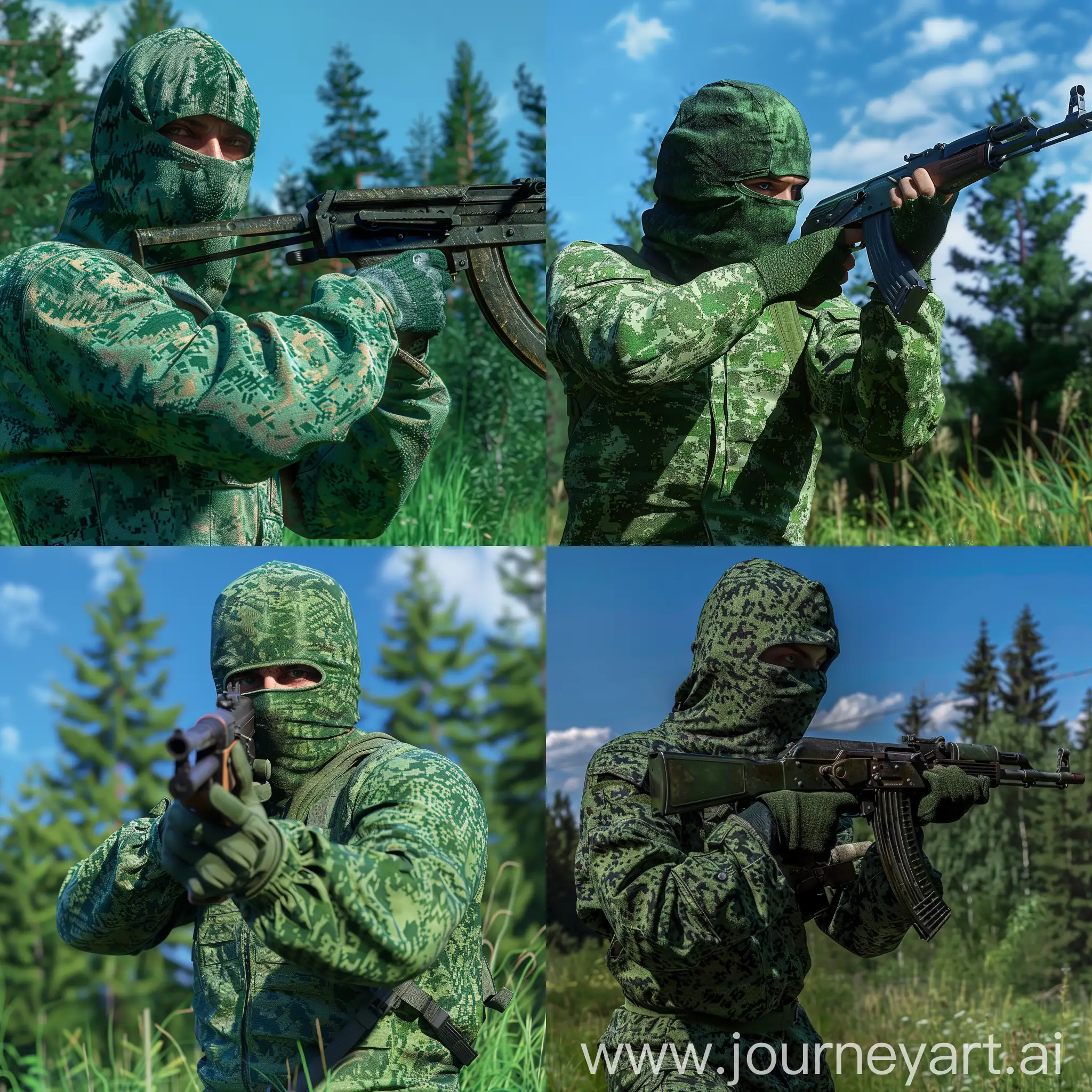 A man in a balaclava, green camouflage suit, holding a machine gun, forest background, blue sky, green grass, maximum detail, realistic, hdr, 8k