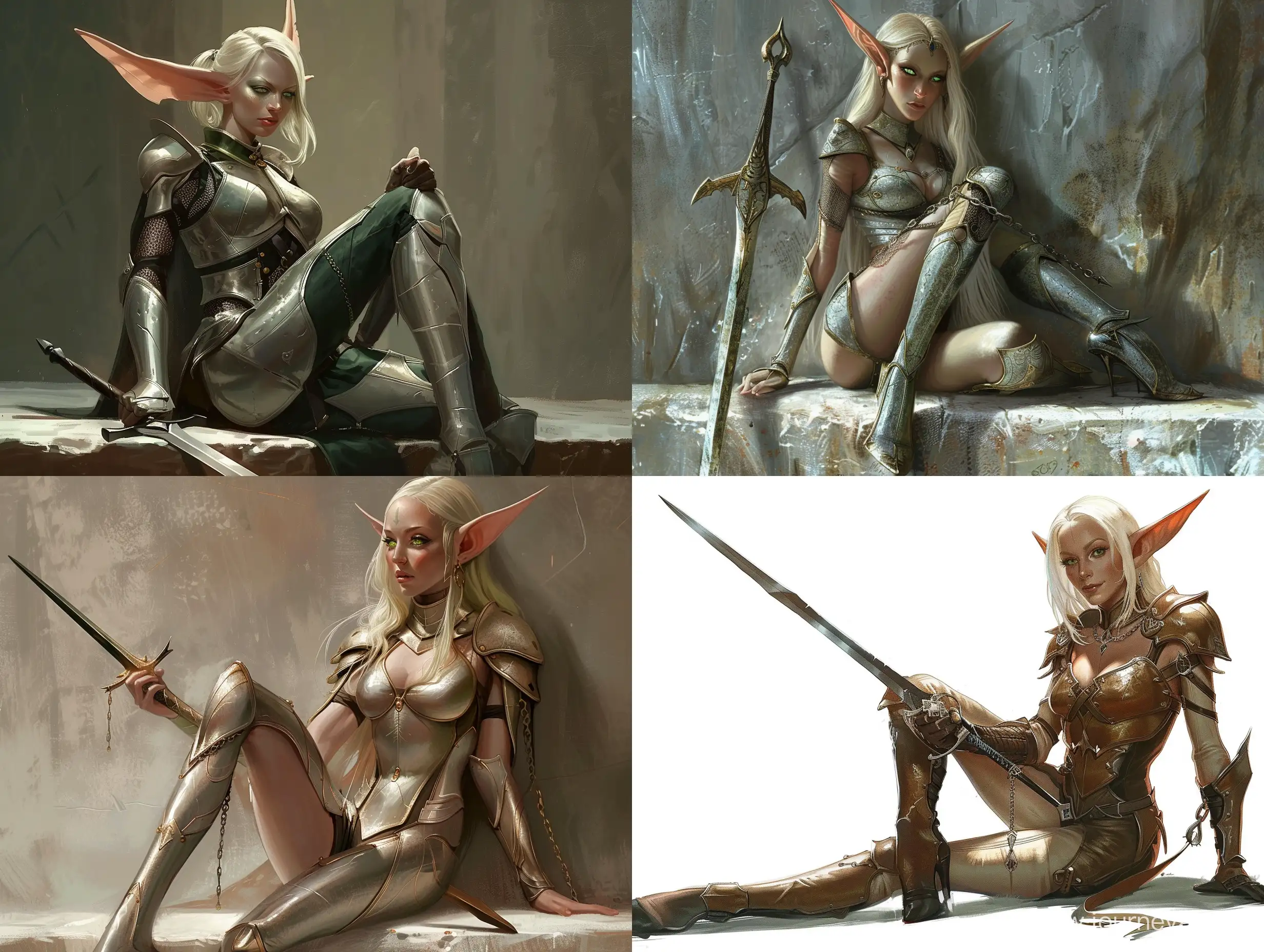 Elven cleric, female, rapier, tall ears, full figure portrait, legs, Undermountain, relaxed pose, platinum blonde, green eyes, elven chainmail