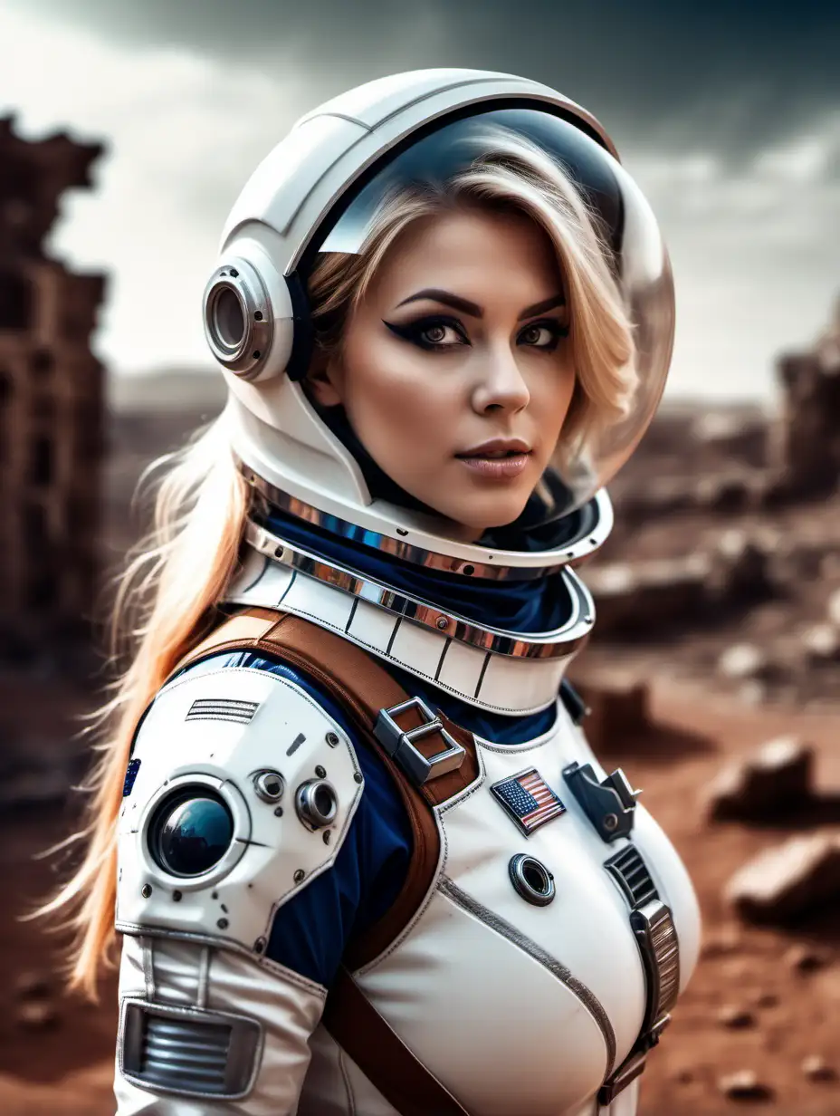 Beautiful Nordic woman, very attractive face, detailed eyes, big breasts, slim body, dark eye shadow, wearing a astronaut cosplay outfit with a closed helmet with full face visor, close up, bokeh background, soft light on face, rim lighting, facing away from camera, looking back over her shoulder, standing in front of ancient ruins on Mars, illustration, very high detail, extra wide photo, full body photo, aerial photo