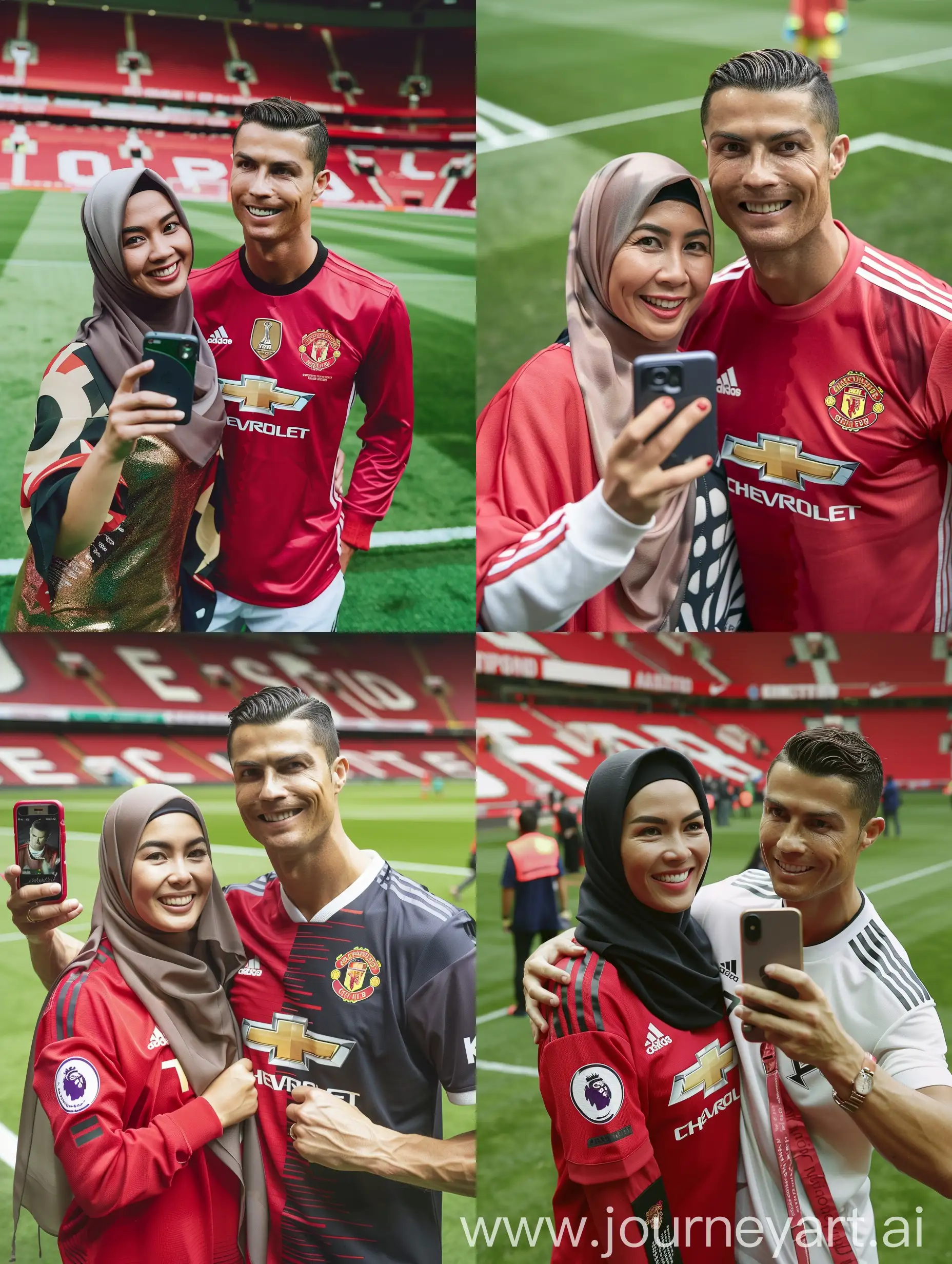 Potrait Seorang wanita cantik indonesia hijab mengenakan baju jersey manchester United. Wanita itu sedang berfoto bersama seorang Cristiano Ronaldo yang mengenakan jersey portugal.mereka berfoto di lapangan stadium old Trafford. Kualitas 8K HD. foto asli.