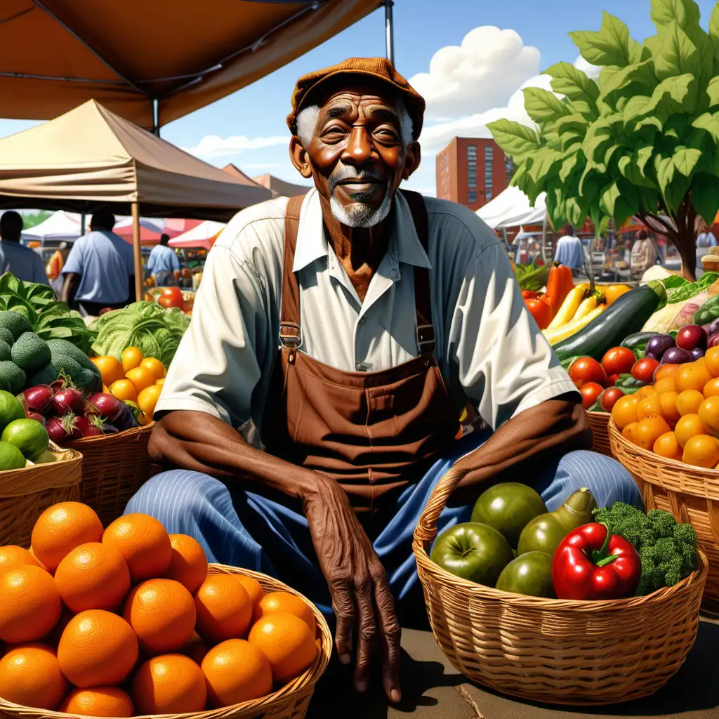 cartoon ernie barnes style african american old man sitting down with baskets of fruits and vegetables in front of him at the farmer's market 