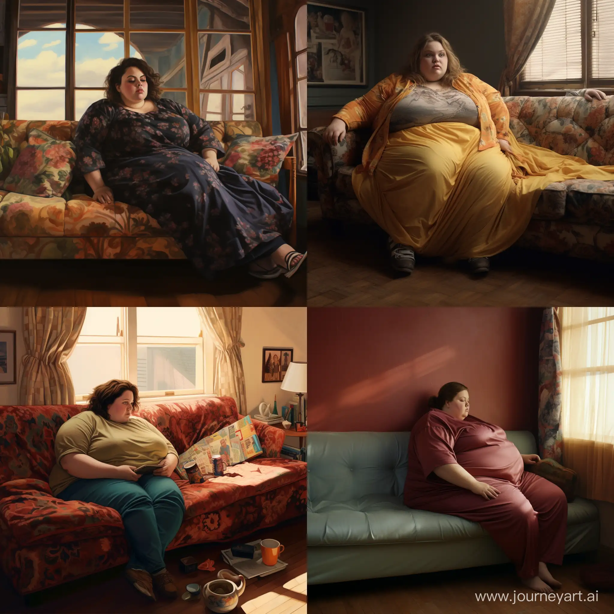 A fat woman sitting, a sofa indoor from long shot 