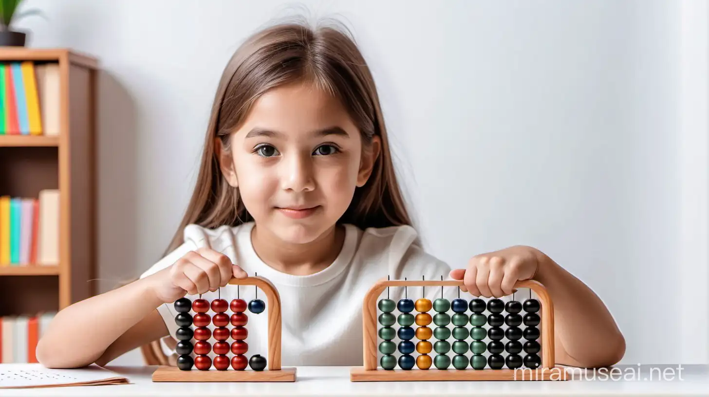 7 years girl sitting  infront of books with mathematical  sums practicing with abacus .

